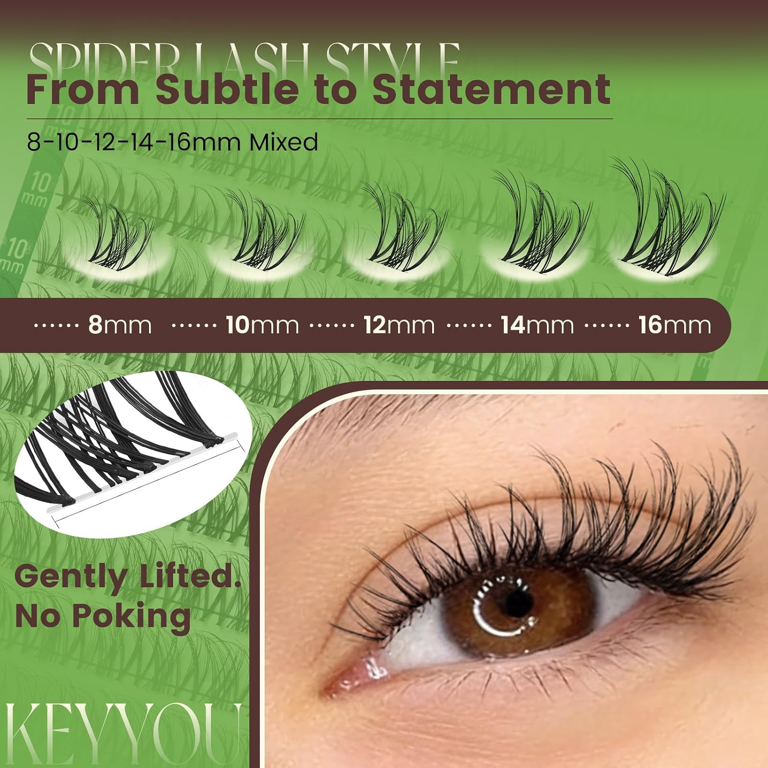 KEYYOU Flora Nova Spider Lash Clusters Kit Natural D Curl 8-16mm Mixed Tray | Ultra Thin Invisible Band, Complete DIY Set with Lash Tools for Everyday Makeup