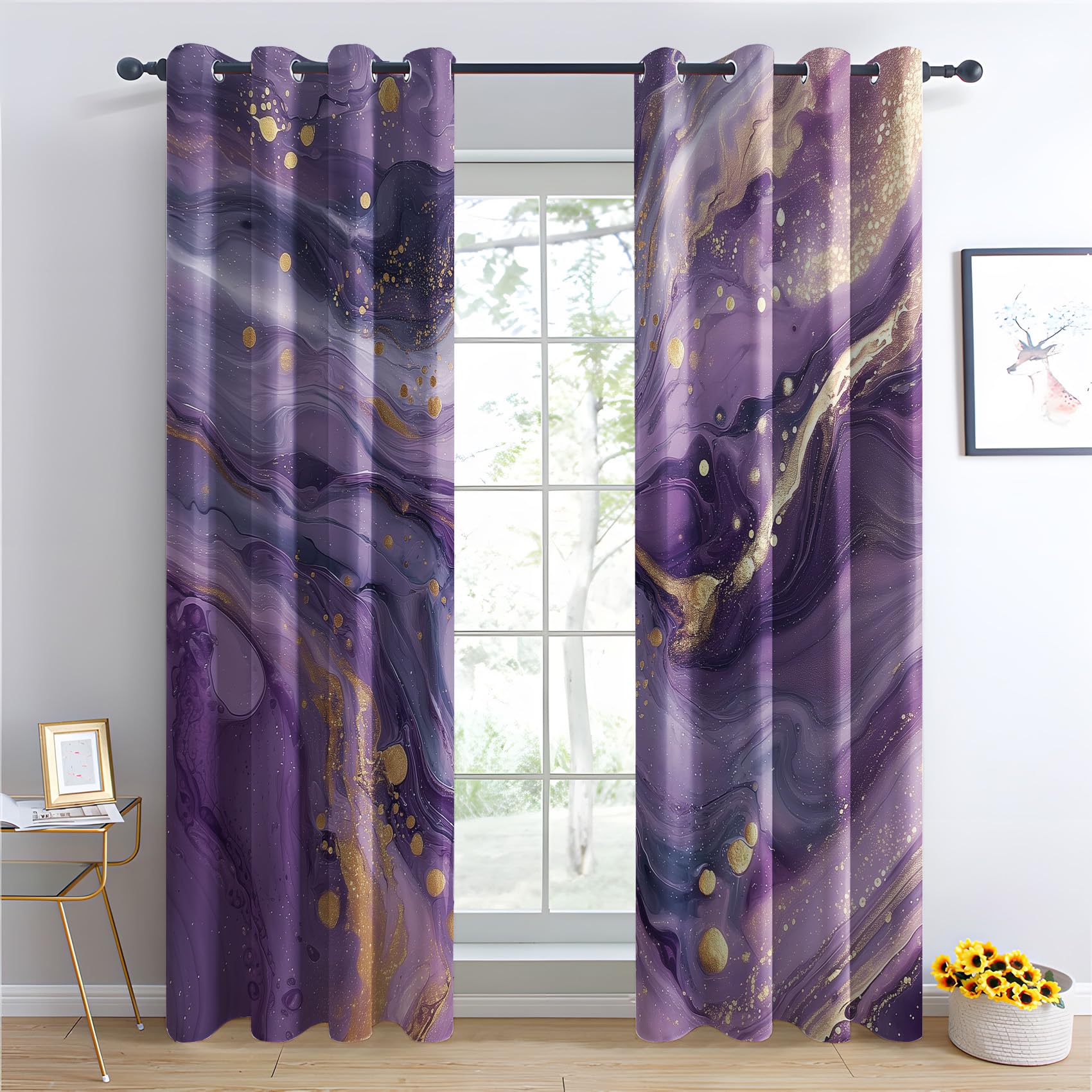 Venivici Marble Blackout Curtains for Bedroom Living Room - 108 Inch Drop Curtains Eyelet, Purple and Gold Abstract Agate Patterned Window Treatments, Thermal Insulated Drapes 90x108 2 Panels