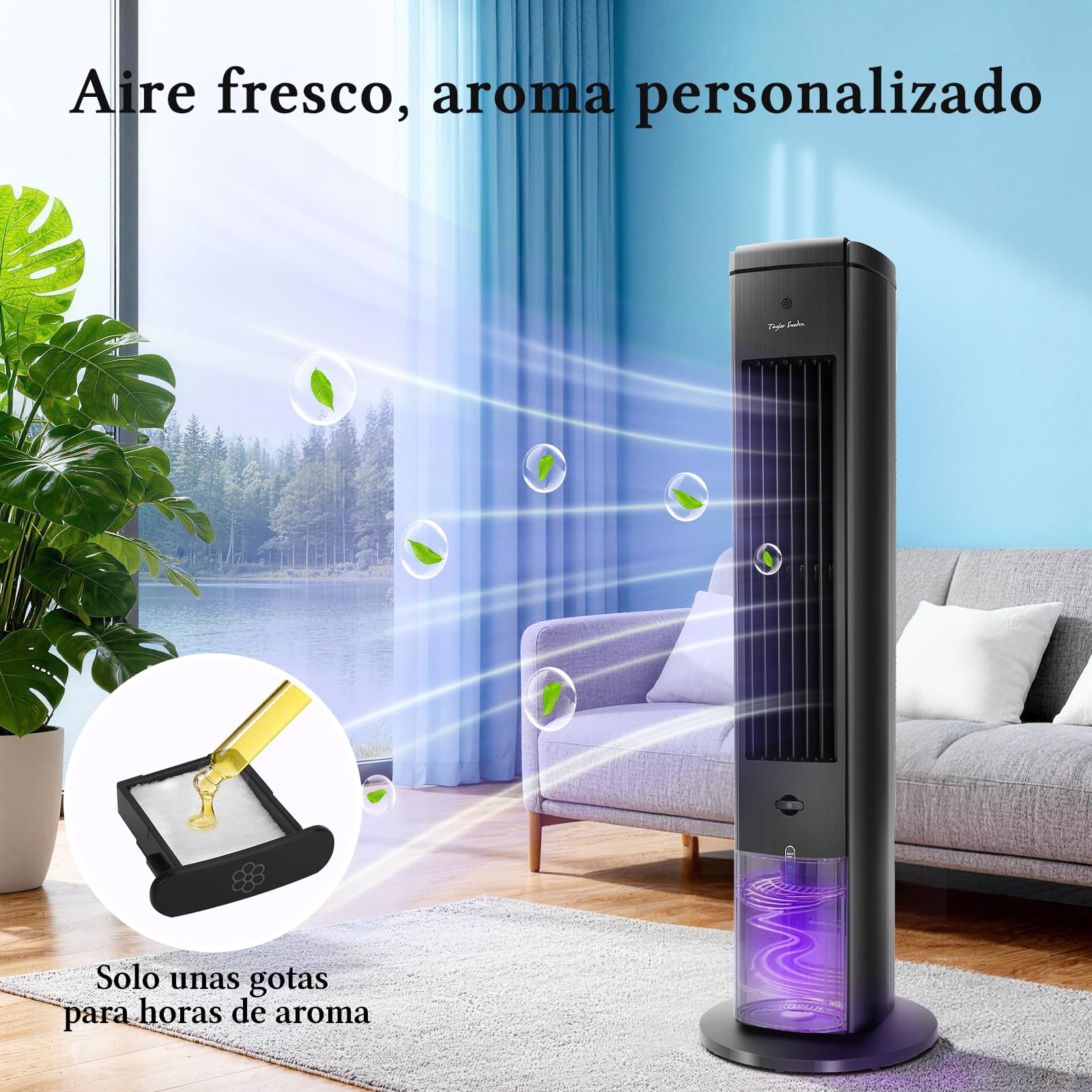 Taylor Swoden Climatizador Evaporativo Silencioso 5 en 1 con Tecnología ION y Difusor de Aromas, Enfriador de Aire, 5L, Oscilación 75°, 3 Velocidades/Modos, Temporizador 7h, Mando a Distancia, Negro