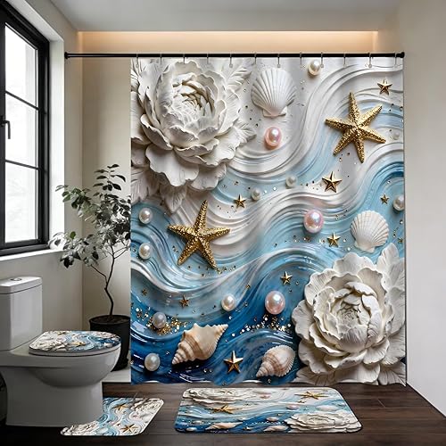 Miniatura 2 de DDQQ Cortinas de ducha con moquetas con ondas 3D y estrellas de mar con alfombras, conchas y detalles de perlas, juego de baño con cortina de ducha