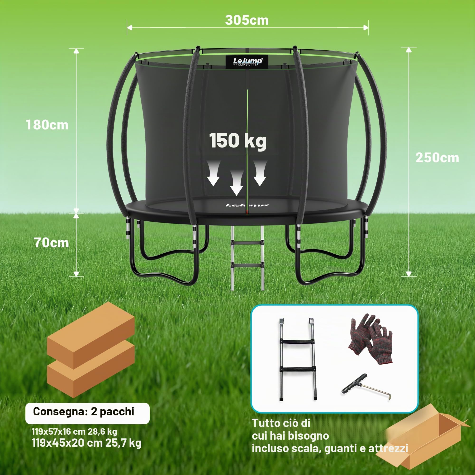 LeJump Trampolino Elastico 235/305/366 cm, Trampolino da Giardino per Bambini Con Rete di Sicurezza Alta e Scala, Trampolini Certificati GS, Capacità Massima 100/150 kg