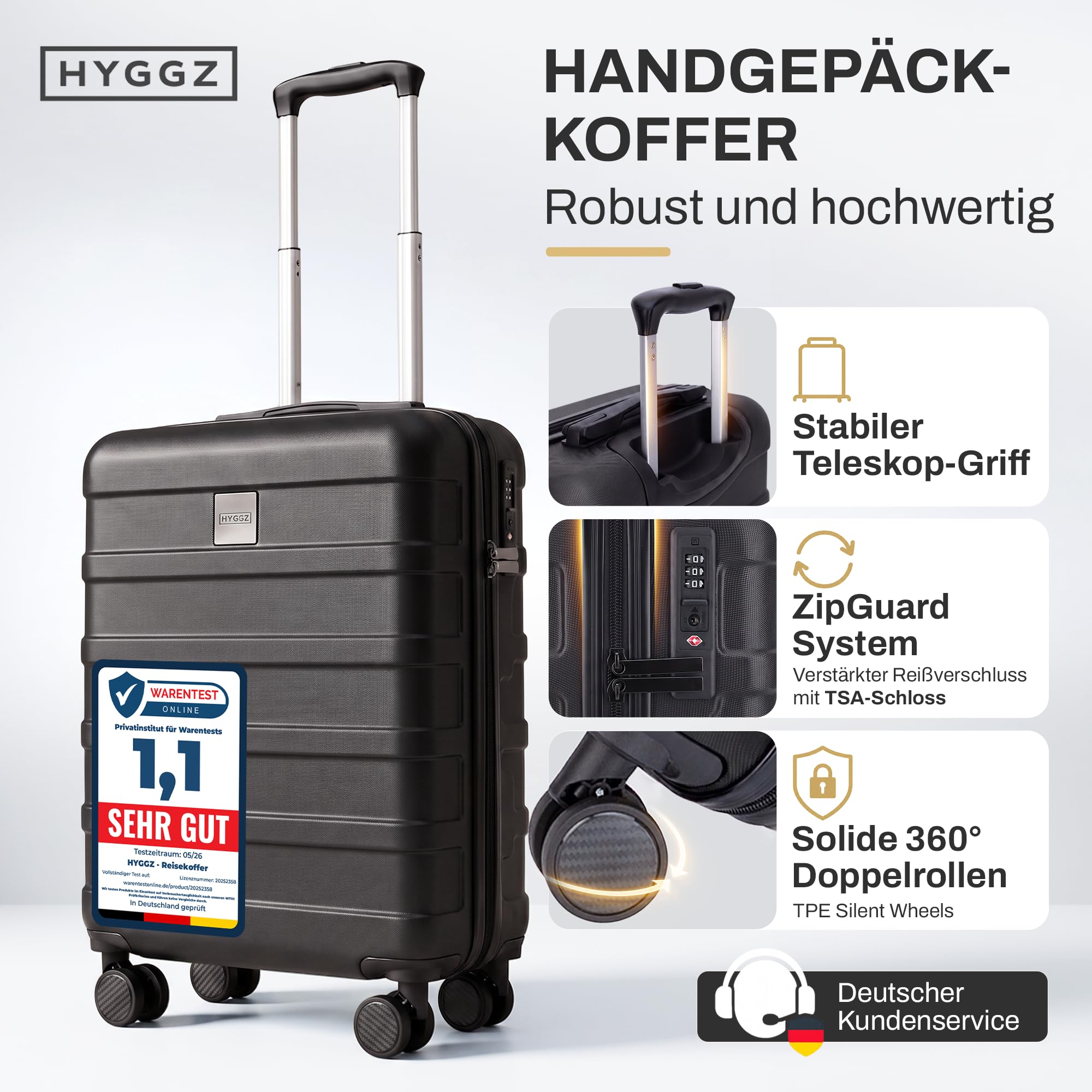 Trolley Handgepäck Koffer 55x40x20cm, Hartschalenkoffer klein mit TSA Schloss und sanften 360° Rollen, 36L Volumen, passend für Lufthansa, Ryanair und Eurowings, All Black (Schwarz)