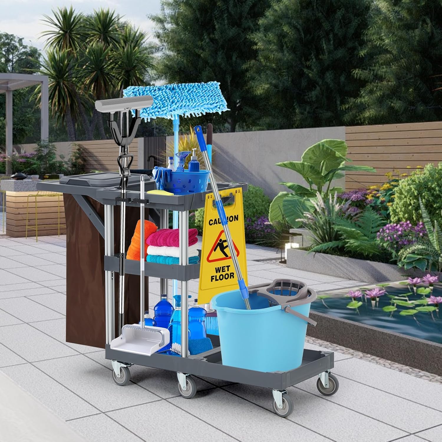 Chariot de Nettoyage,Chariot de Menage à 6 Roues avec Housse et Sac en Tissu Polaire,Capacité de Charge jusqu'à 136 kg Dimensions 95 cm (P) x 49 cm (L) x 22 cm (H).