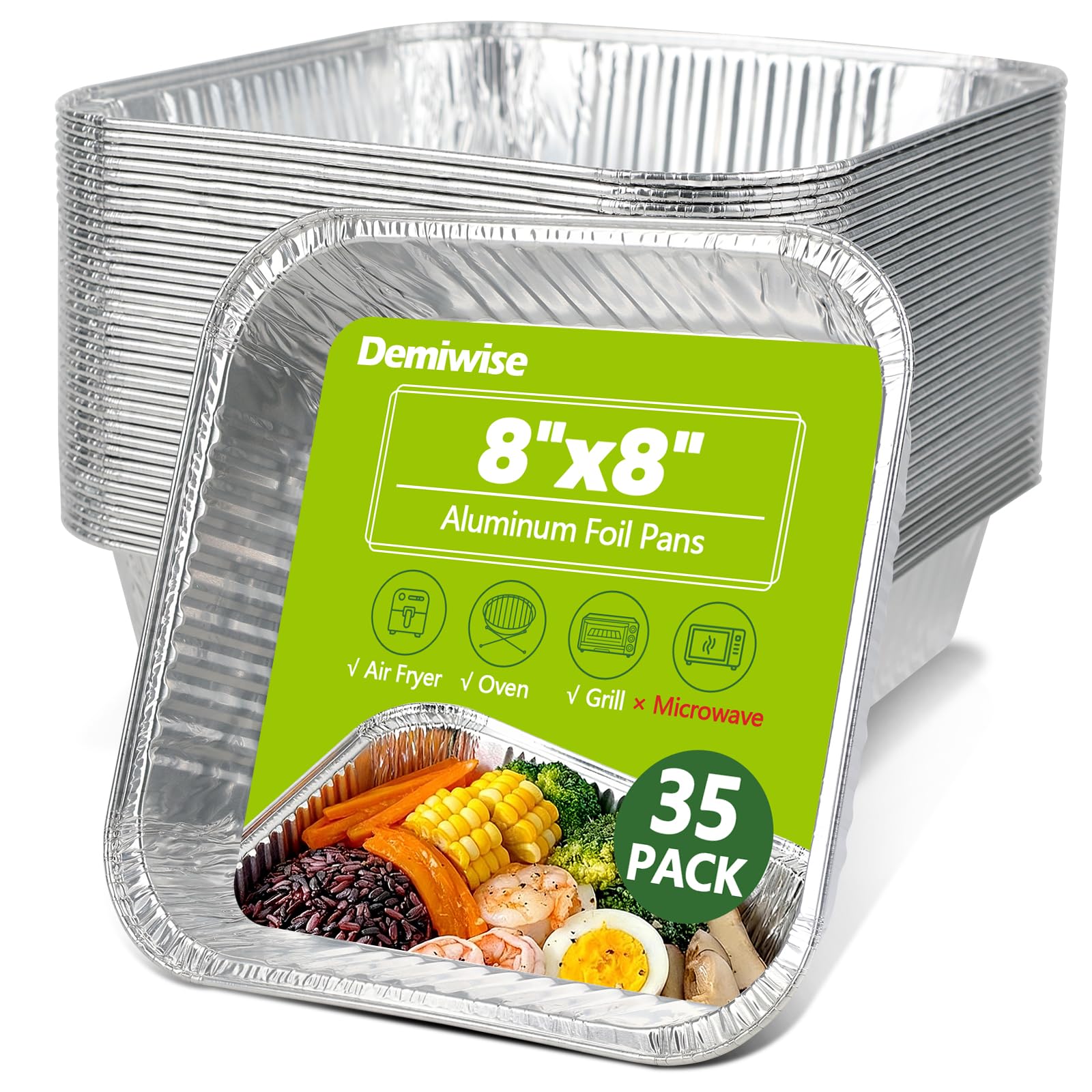 Thickened 35 Pack Heavy Duty Aluminum Pans, 8x8 Small Disposable Aluminum Baking Pans, Square Tin Foil Roasting Tray for Cooking, Meal Prep, Catering, Events, Carton Packaging