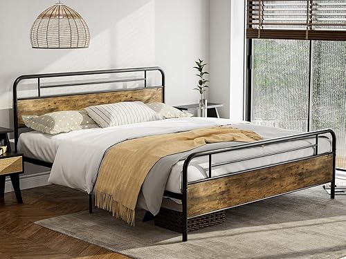 Miniatura 3 de IKIFLY Base de cama de plataforma de metal tamaño King con estribo de madera, listones de acero resistentes, almacenamiento debajo de la cama, base