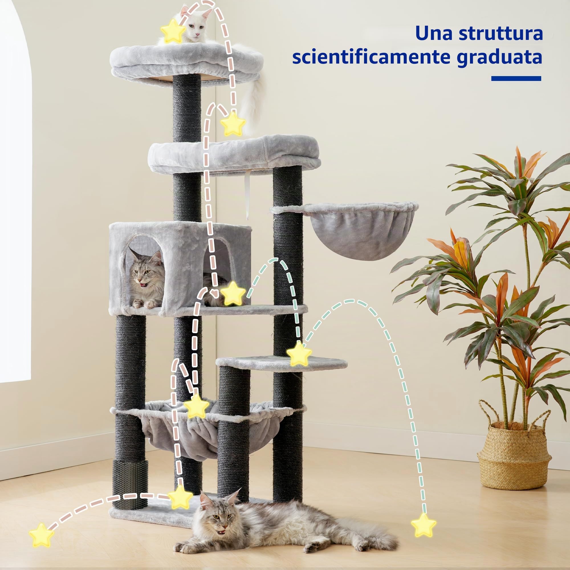 Hey-brother Tiragraffi per Gatti, Colonna sisal 11cm spessa, Amaca, MPJ01W | 168cm Albero per Gatti, 2 Piattaforme, Cesta, Cuccia, Spazzola per animali, Ideale per Maine Coon da interno, Grigio Chiaro