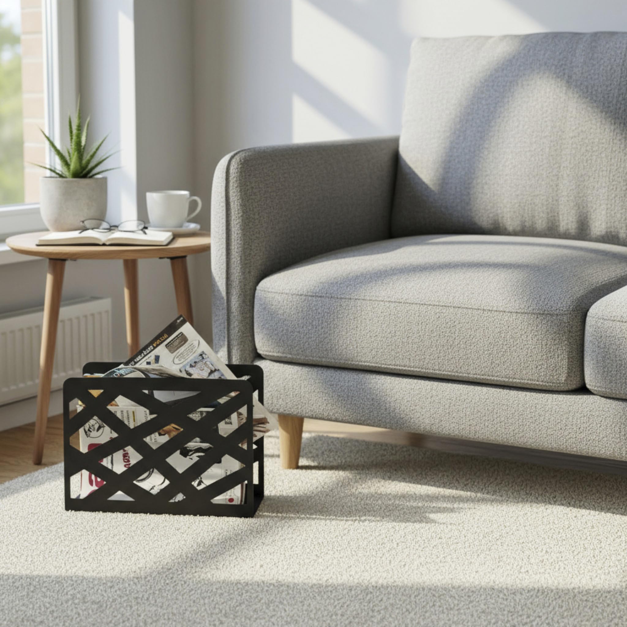 HAKU Revistero de metal negro con perforaciones trapezoidales, soporte para periódicos y cesta para revistas - Dimensiones: An 35 x Al 26 x Pr 10 cm, Estilo: Moderno
