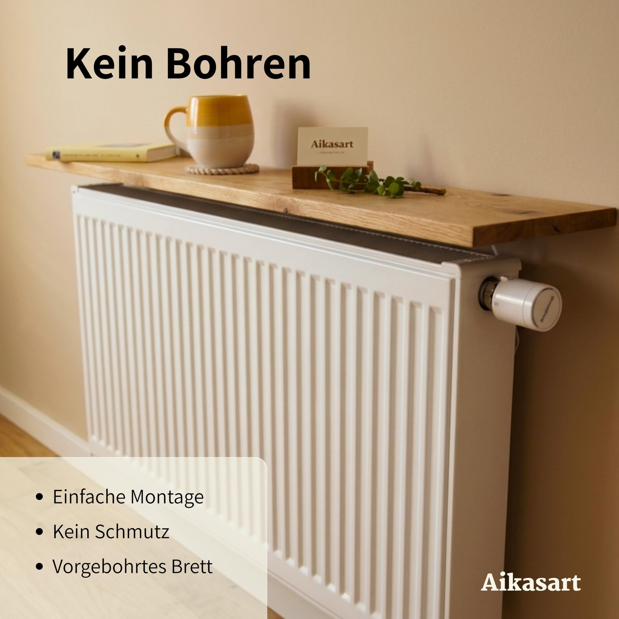 Heizungsregal Eiche Massiv – Ohne Bohren – Individuelle Länge 30-190 cm – Zum Aufstecken – Handgefertigte Ablage für Heizkörperverkleidung (Steckklemme für Plattenheizkörper, 80x20 cm)