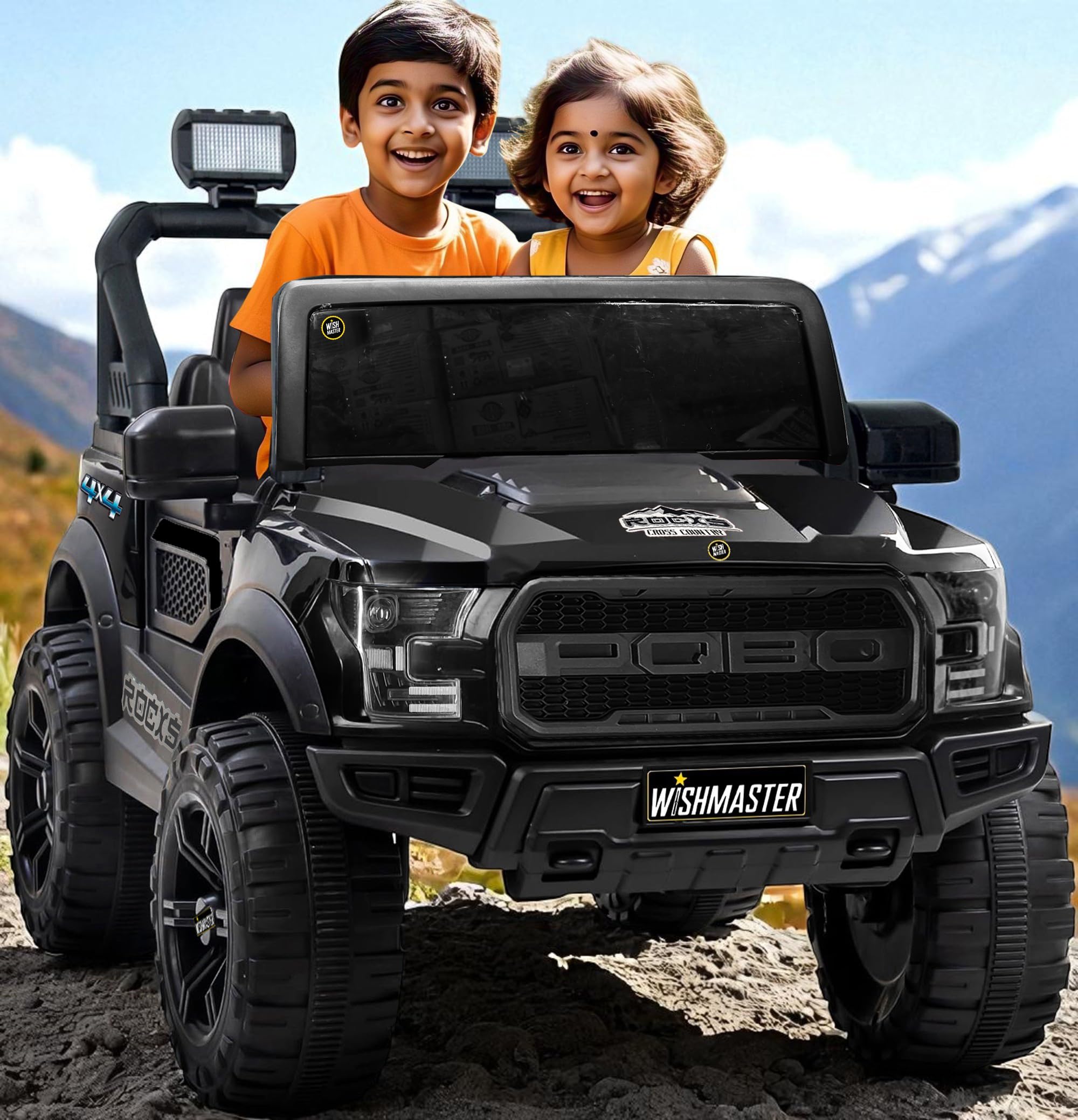 Wishmaster 4x4 Driving EV Cars for 1, 2, 3, 4, 5, 6 Years | Remote + Steering + Mobile App Control | Kids Jeeps | Most Gifted Jeeps (Medium Size F-Raptor [1-8 Year Kids], Police)