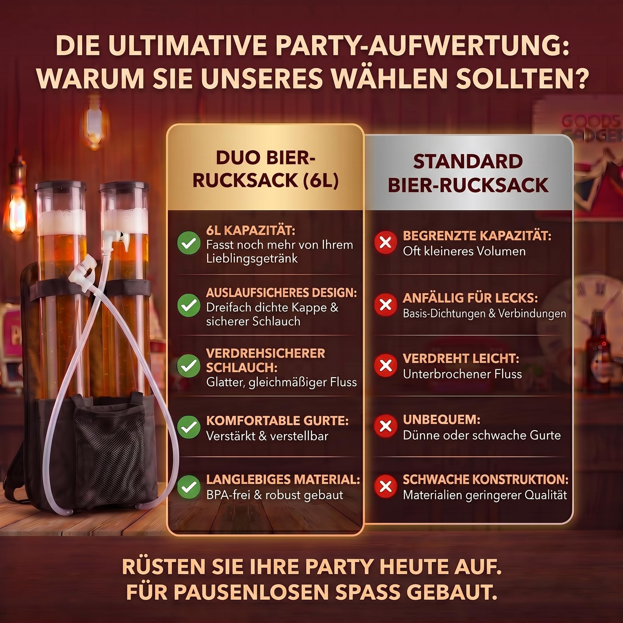 GOODS+GADGETS Der Kulthit - Duo Bierrucksack Doppel Bier Rucksack Biergiraffe Getränkerucksack 2 x 3 Liter Kapazität