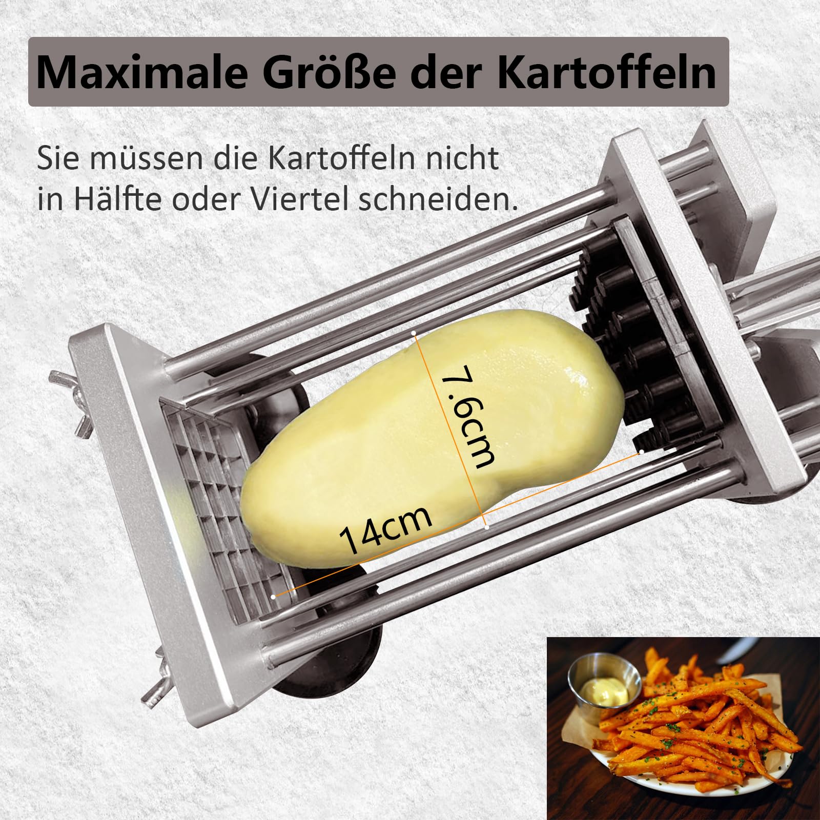 Pommes Frites Schneider, Kartoffelschneider mit abnehmbarem Griff, Edelstahl Kartoffelschneider mit 9mm,12mm Klingen mit 4 Saugfüßen für Kartoffel, Karotte, Gurken