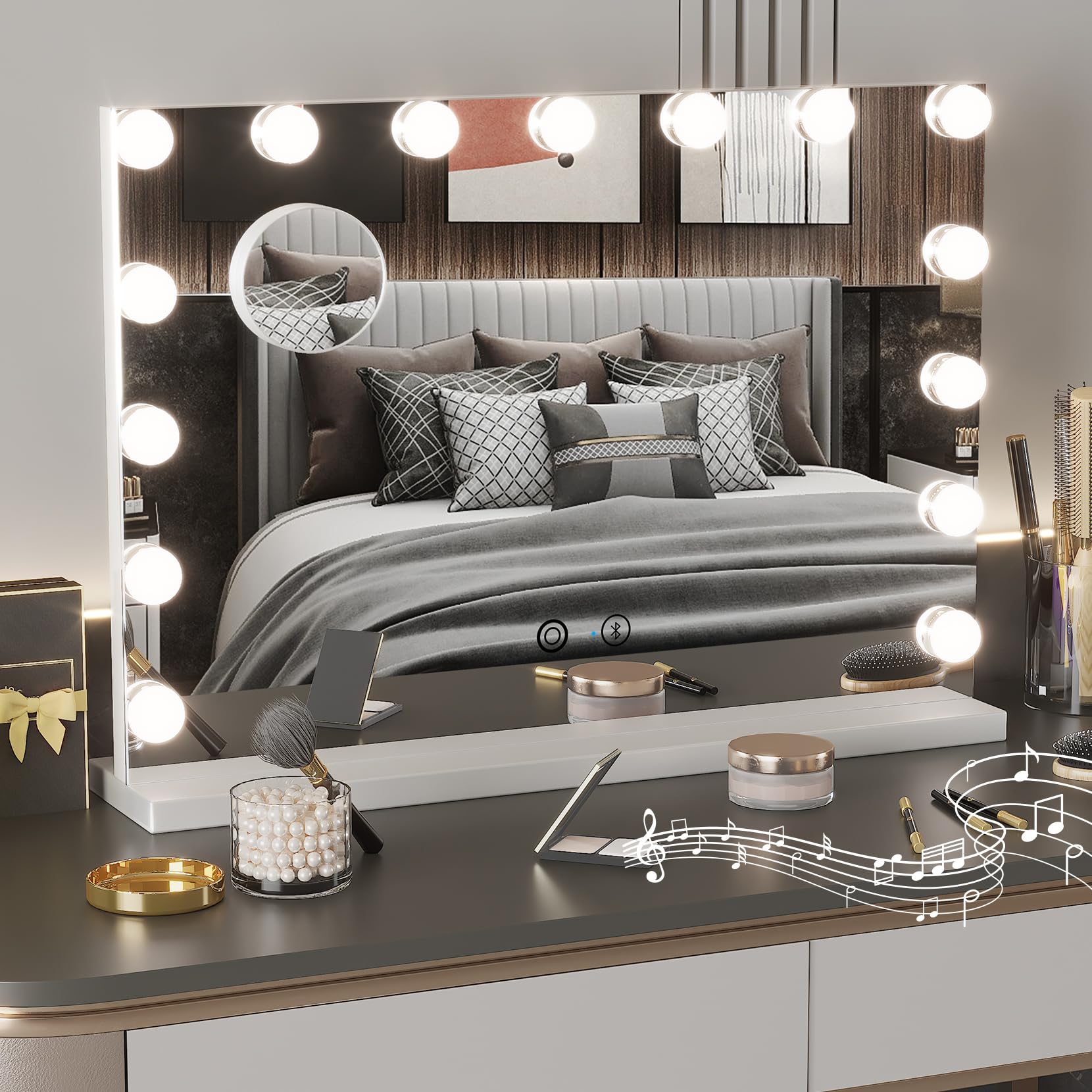Lusterko do makijażu LED z Bluetooth, 5 ściemnianych żarówek, 3 tryby kolorów, port USB, duża toaletka do sypialni i garderoby