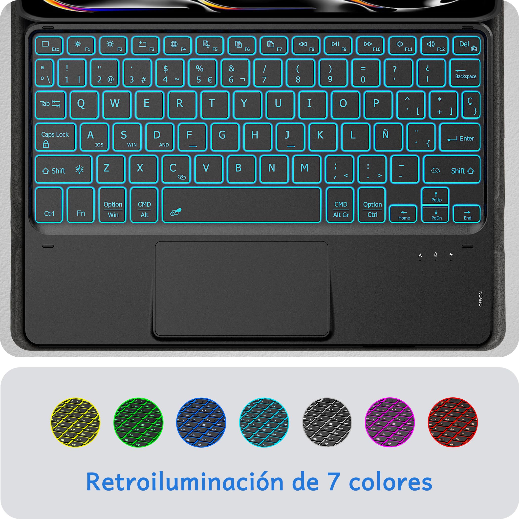 CACOE Teclado con TouchPad Bluetooth Inalámbrico de 10 Pulgadas, [Español] Delgado y Ligero Retroiluminado para iPad, Android Samsung Tablet, Xiaomi Pad, Huawei, Lenovo, Negro
