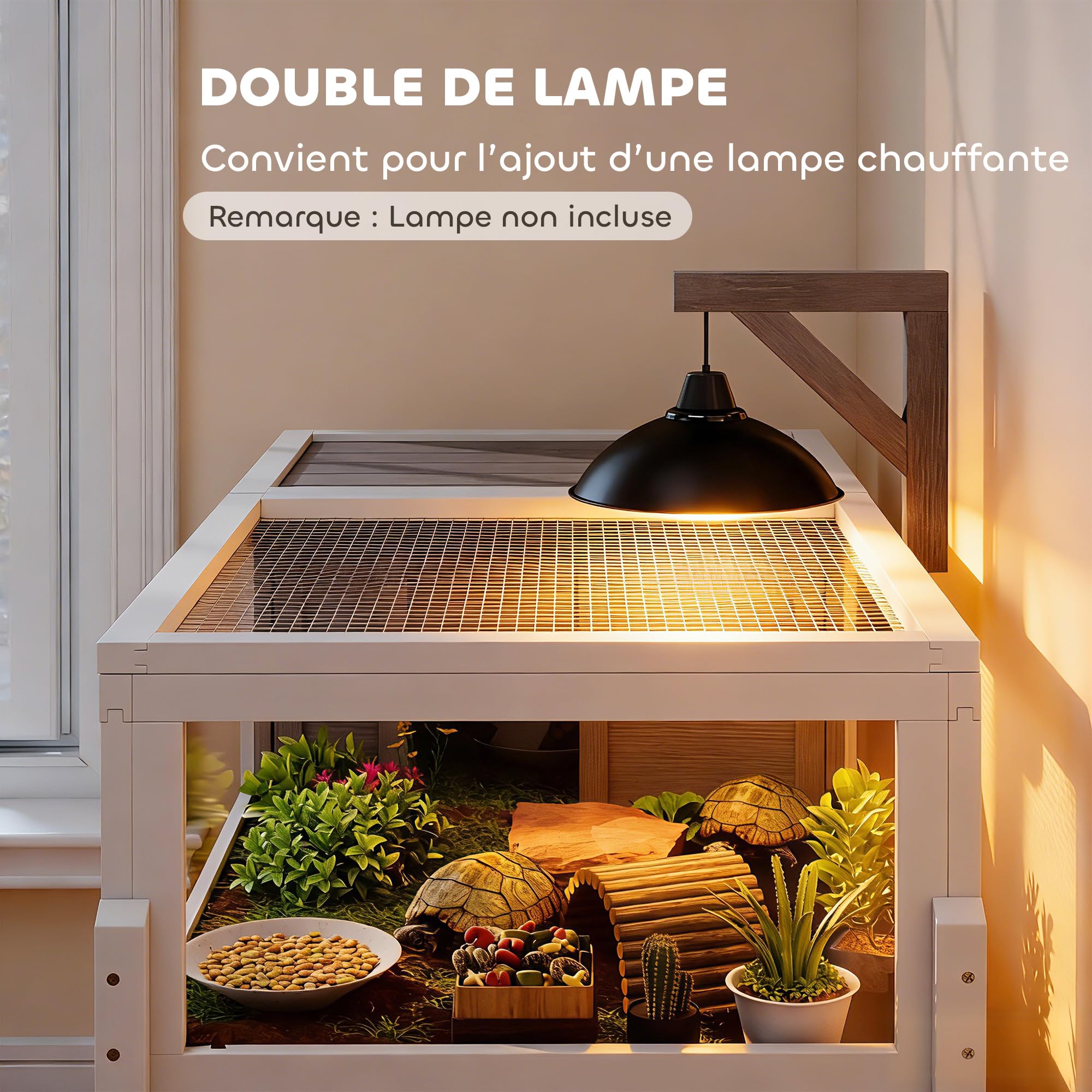 PawHut Maison pour Tortues, enclos en Bois surélevé intérieur extérieur, 2 espaces, Support de Lampe, Toit ouvrable, Plateau Coulissant et Bol d'alimentation, pour Petits Reptiles, 104x53x82cm, Gris
