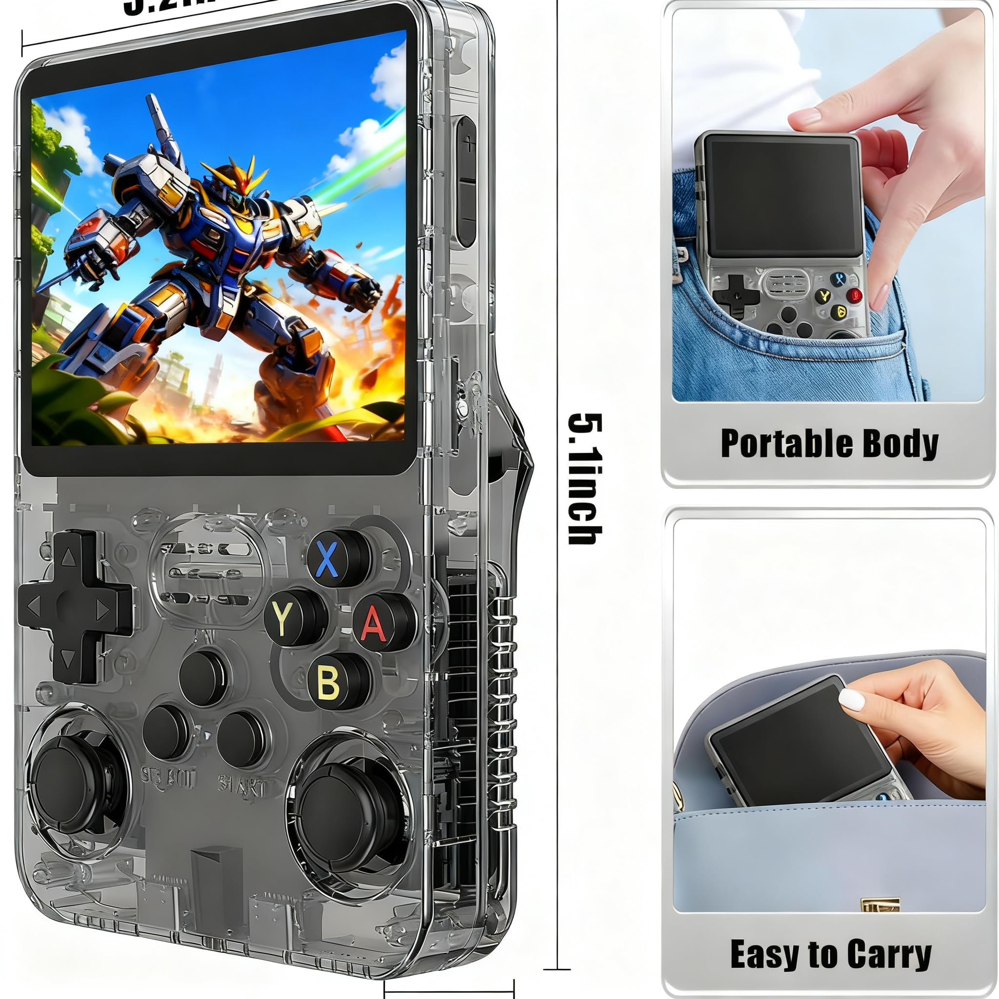 Console di gioco retrò R36S, schermo IPS da 3,5", 128 GB, oltre 20.000 giochi preinstallati, sistema open source basato su Linux/ArkOS, doppio joystick, batteria da 3500 mAh, versione trasparente nera