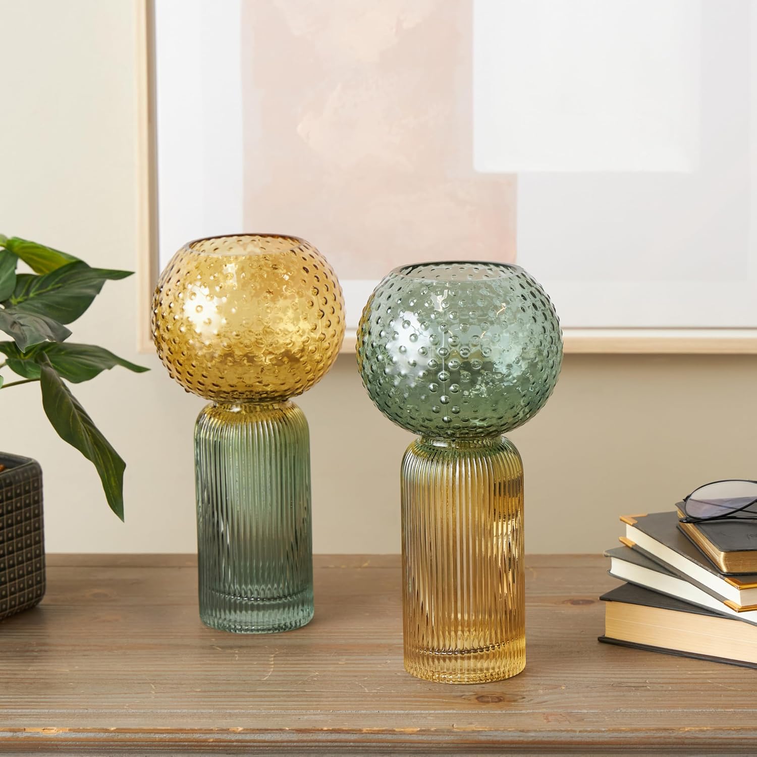 Deco 79 Glass Decorative Vase Ribbed Ombre Centerpiece Vases, Set of 2 Flower Vases for Home Decoration 6" W, 12" H, Multi Colored