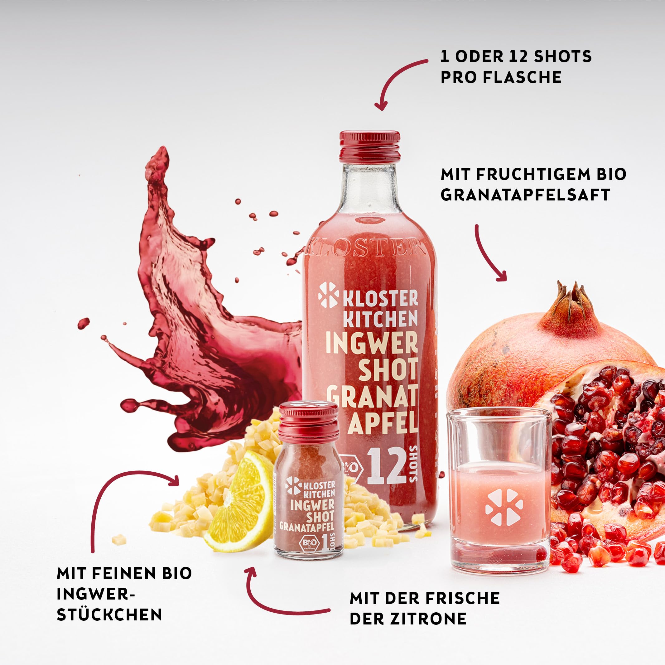 Kloster Kitchen Jengibre Shot 12SHOTS 6 x 360 ml, con trozos de jengibre, vegano