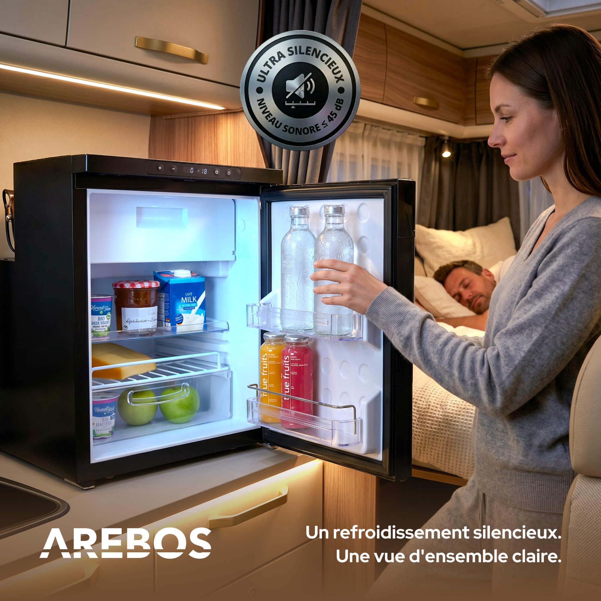Arebos Réfrigérateur à Compresseur pour Camping-Car 50 L avec Compartiment Congélateur | Contrôle Via APP | 12V/24V | Jusqu'à -20°C | Porte Réversible | Réfrigérateur pour Camping-Car, Van & Camion