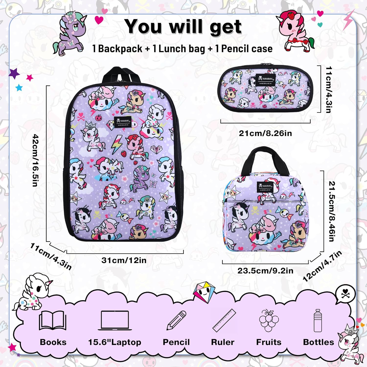 Tokidoki Backpack 3pcs Set, Lightweight Makeup Case Unicorno Bookbag with Anime Lunch Box Travel Laptop Bag Casual Daypacks for Women (Purple-3Pack) - Image 6
