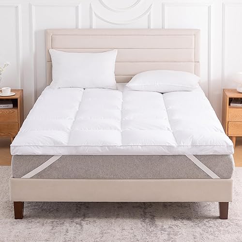LeWinBedding Cubrecolchón de plumas de ganso blanco de 3 pulgadas, funda de colchón con correas, soporte ultrasuave, tela de algodón 100% orgánico