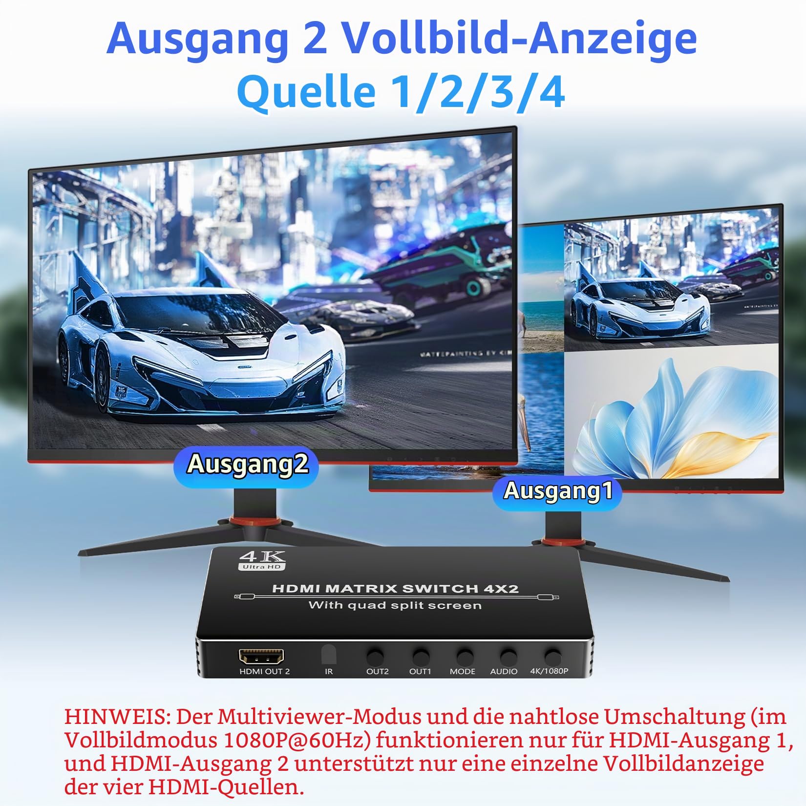 BolAAzul 4X2 HDMI Multi-Viewer Mit Quad Screen und Loop Out - 4K 30Hz Seamless Switch und Matrix