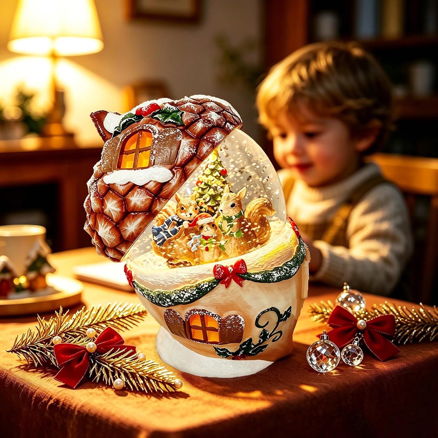 6.5-Inch Lighted Acorn Swirling Water Glitter Globe with Squirrel Family Scene, Battery Operated, 8H Timer, Holiday Sparkling Gift and Indoor Christmas Home Décor (Acorn)