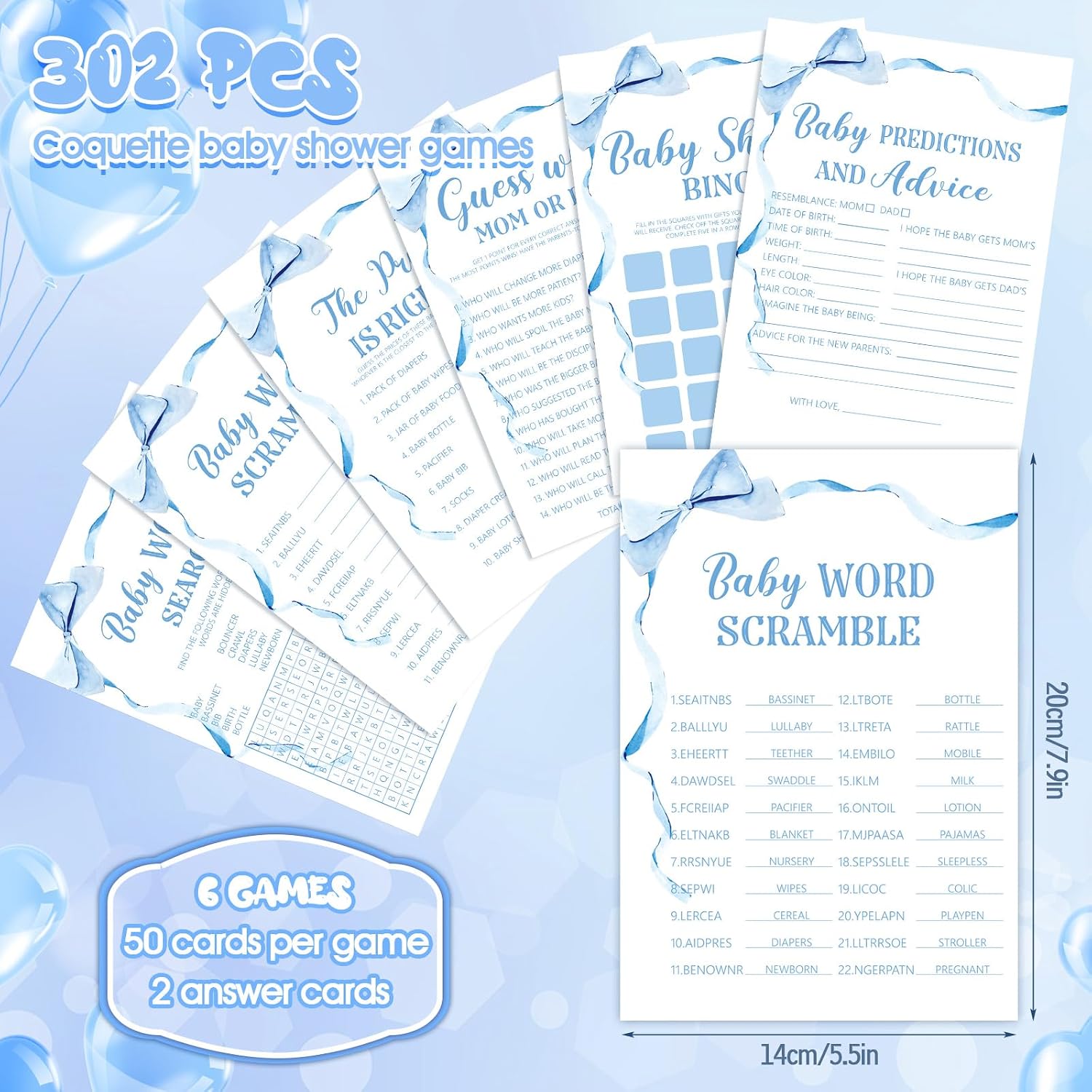 Ctosree 302 Pcs Blue Bow Price is Right Baby Shower Games Watercolor Ribbon Baby Shower Signs, 6 Games, 50 Sheets Each, Minimalist Girl Boy Predictions and Advice Bingo Word Scramble