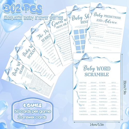 Miniatura 8 de Ctosree 302 carteles de acuarela con lazo rosa para baby shower, 6 juegos, 50 hojas cada uno, predicciones minimalistas y consejos de bingo