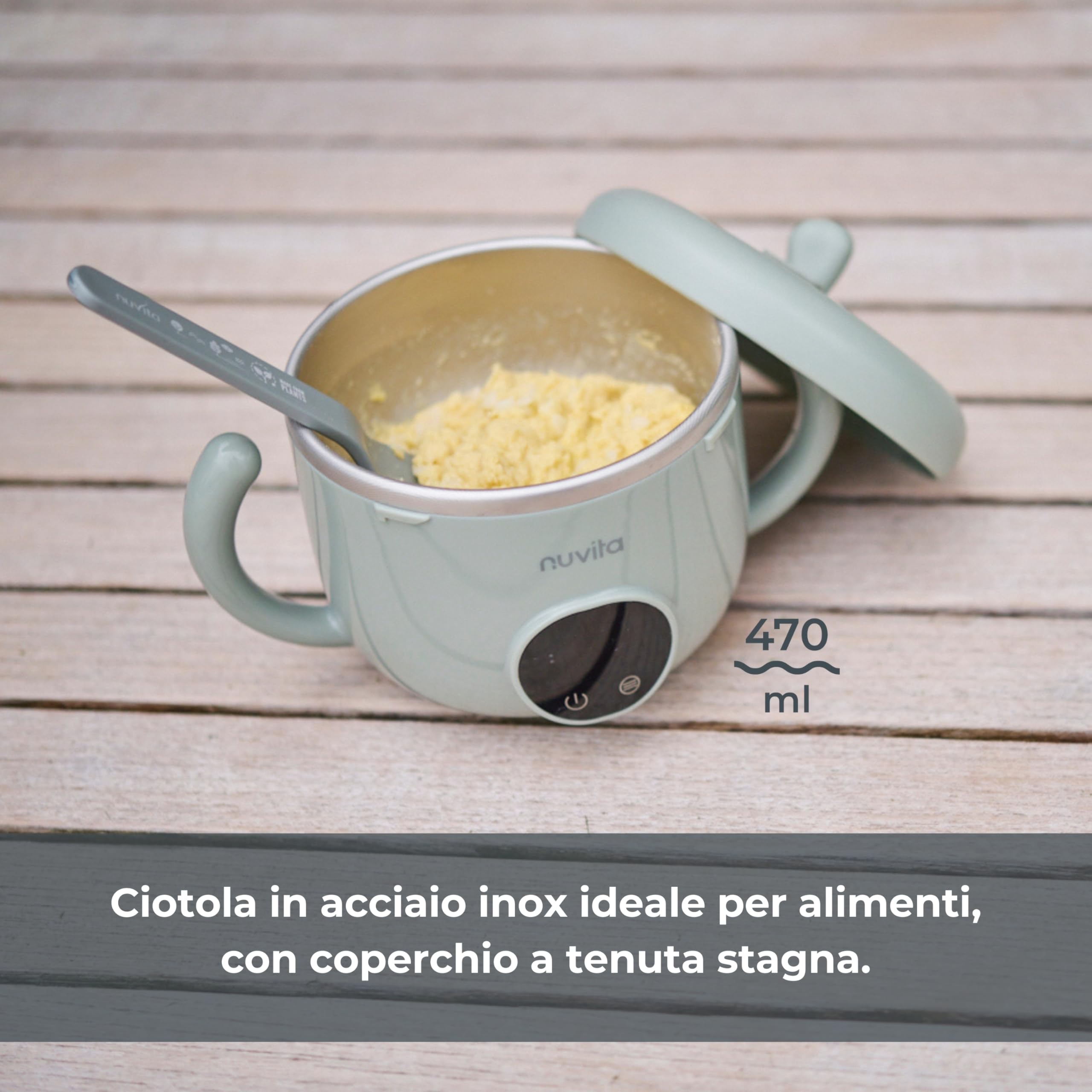 Nuvita 1980 Pappa'n'Go Scaldavivande Portatile per Bambini – Ricaricabile, Impermeabile, con Controllo Intelligente della Temperatura, Interno in Acciaio Inossidabile e Base Antiscivolo