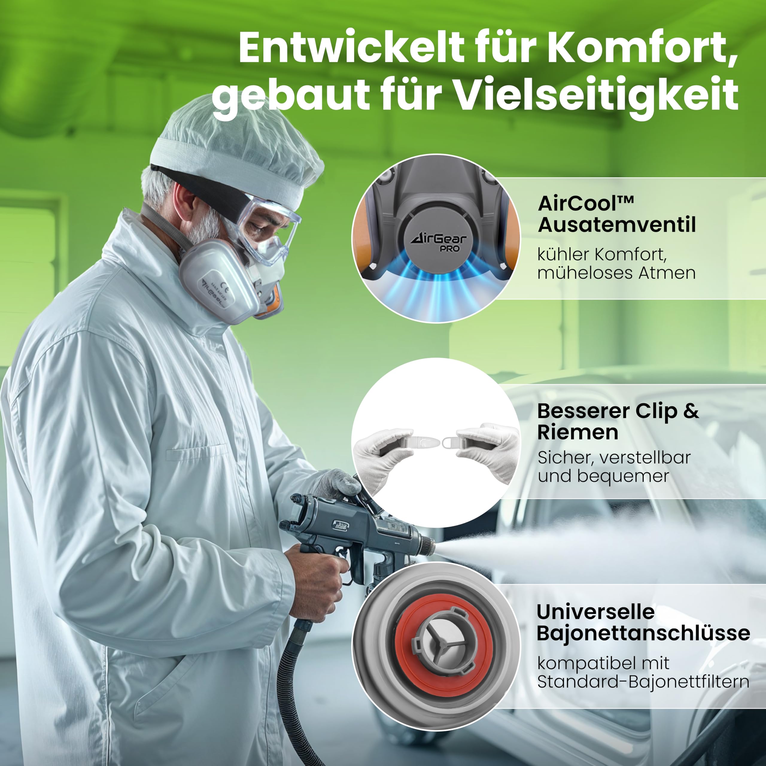 AirGearPro G-500 Atemschutzmaske mit A1P2 Filter, Gasmaske Staubfilter und Schutzbrille für Lackieren
