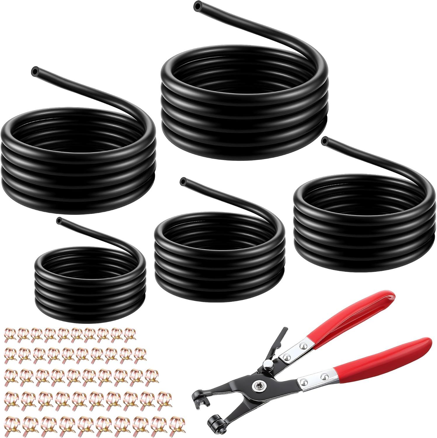 Meonum 10 Ft 5 Sizes-1/8" 3/16" 0.22" 1/4" 5/16" ID Fuel Line with Hose Clamp Pliers & 50Pcs Clamps Gas Tube Hose Compatible with Snowmobile Tractors Golf Cart ATV Motorcycle Small Engines