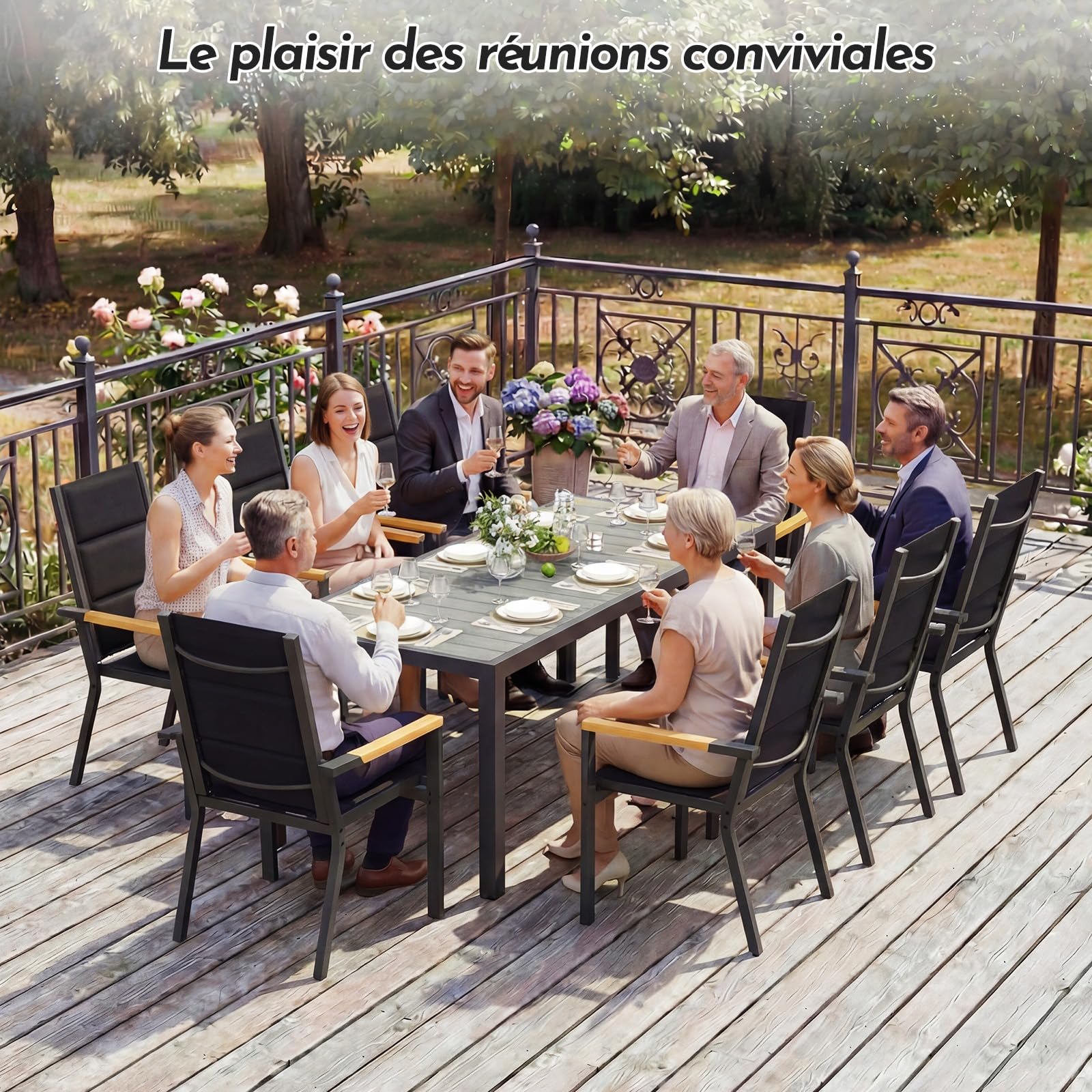 Devoko Salon de Jardin Exterieur 8 Personnes, HDPS Table de 189 cm et 8 Chaises Empilable d'Extérieur en Aluminium Durable, Design à Veine de Bois, Idéal pour Cour, Terrasse ou Bord de Piscine, Gris