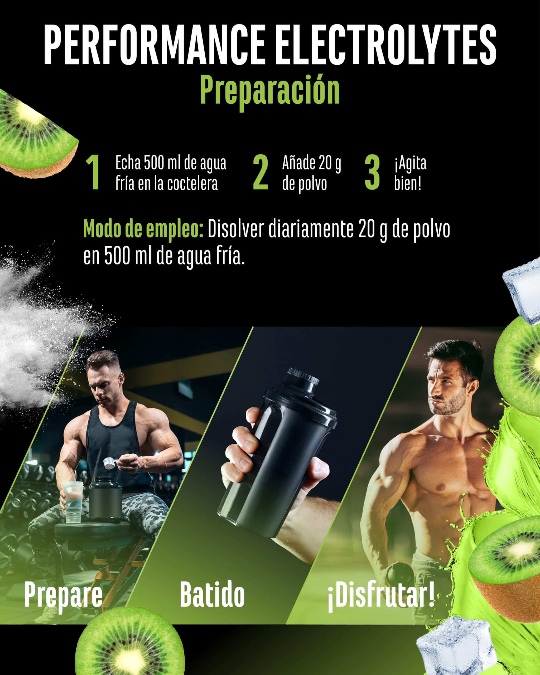 Performance Electrolytes - 400 g (20 Porciones) - Advanced Hydration Matrix con Sodio, Potasio, Magnesio, Calcio y Cloruro - con Citrulina y Taurina - Sin Azúcar - Vegano - Sabor Kiwi