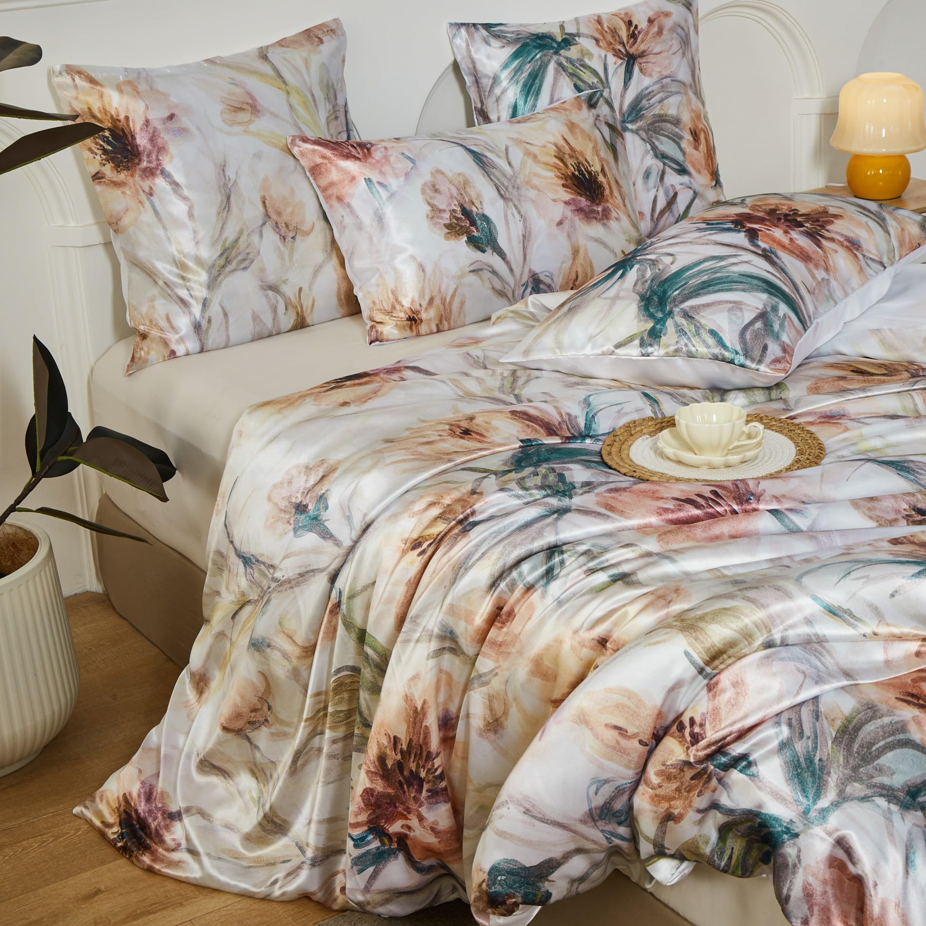 Satin Bettwäsche 135x200 4teilig Blumen Motive Bettwäsche Satin Glänzend Glatt Deluxe Weich Kuschelig Seidig Seide Bettbezug Set mit Reißverschluss und 2 Kissenbezüge 80x80 cm