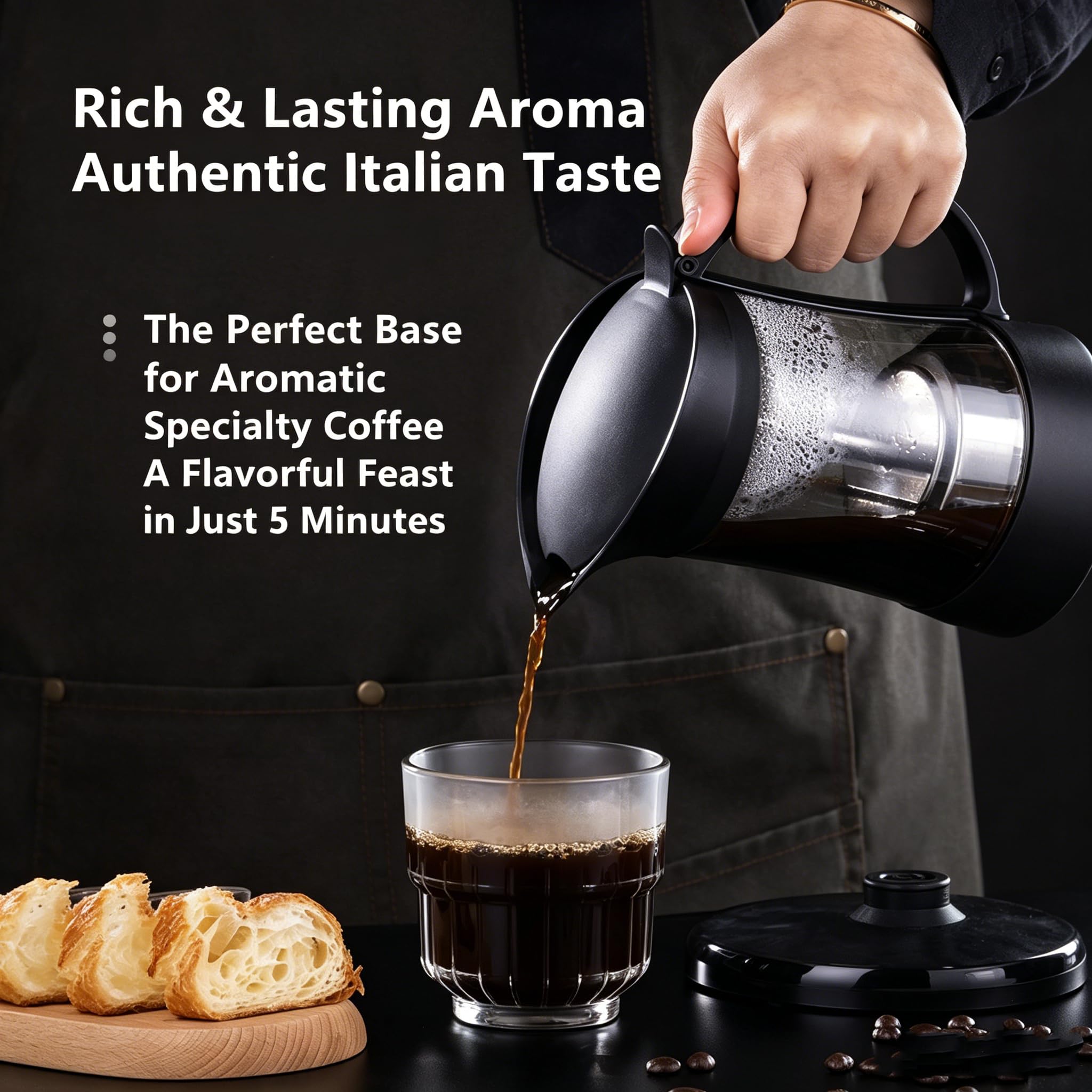 Cafetera eléctrica Moka Expresso italiana – 340 ml de vidrio borosilicato, termostato STRIX, válvula de seguridad de cobre italiano – 3/6 tazas – Fácil y segura