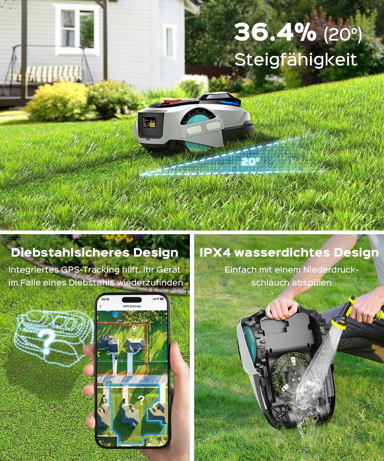 (2026 Upgrade) YARDCARE N1600 PRO Mähroboter ohne Begrenzungskabel, Empf. 1600 m² – Rasenroboter mit RTK & Vision, U-förmiges Mähmuster, Multizonen-Management, App-Steuerung und KI Hindernisvermeidung