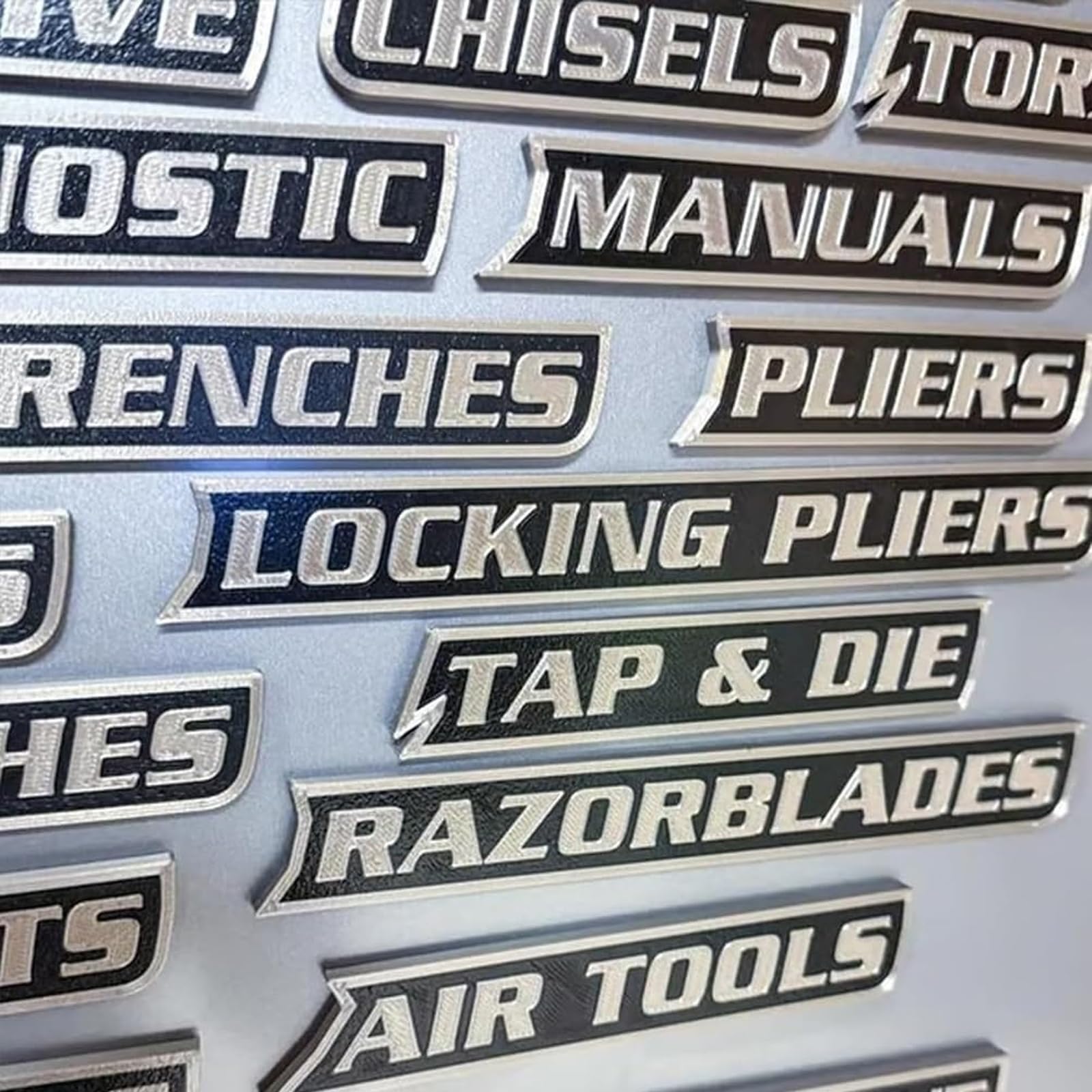 12 Pack of Magnetic Toolbox Labels, 3D-Printed Tool Box Labels, Reusable Magnet Tags, Quick Identifying Tools for Box Drawers, Carts and Cabinets (Black)