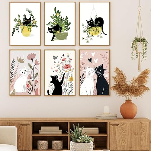 Miniatura 3 de Jethami Paquete de 6 pinturas por números para adultos principiantes, fácil de pintar con gato negro, kit de arte de lienzo para decoración de pared