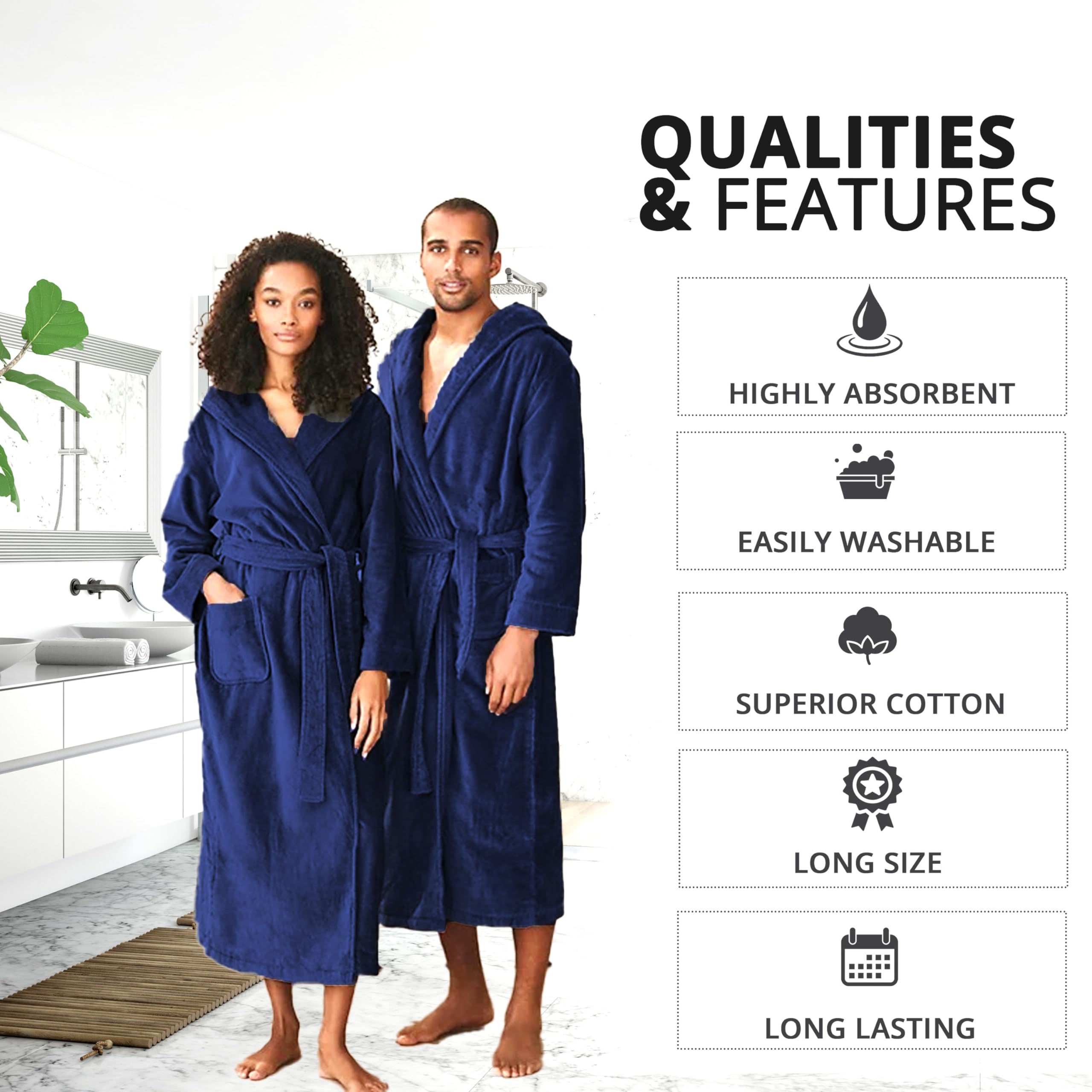 Peignoir de luxe à capuche pour homme et femme 100 % coton éponge col châle parfait pour hôtel et spa