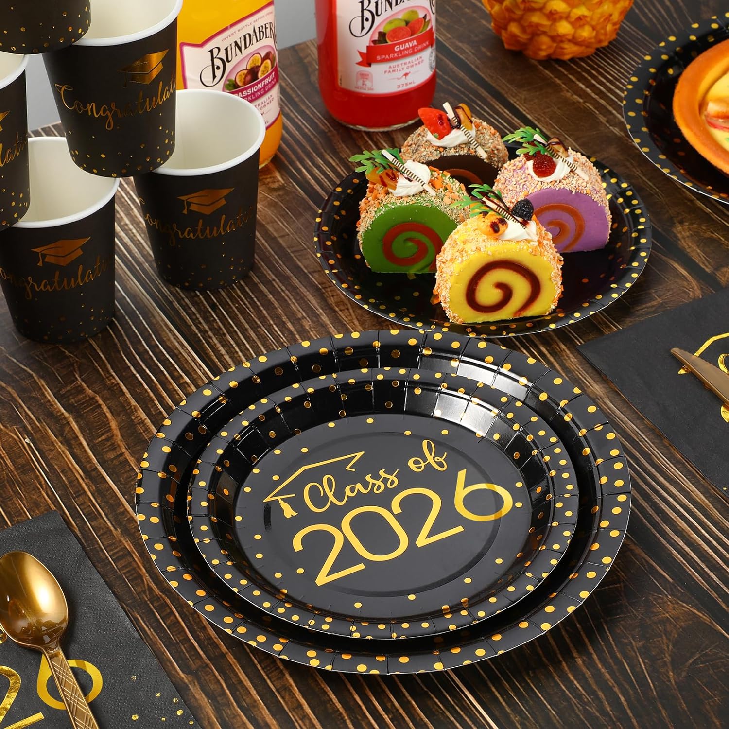 350pcs Class of 2026 Graduation Plates and Napkins Set, Disposable Paper Plate Set Polka Dots Napkins Cups Knife Fork Spoon for Graduation Party Decorations and Supplies,Serve 50 (Black Gold)