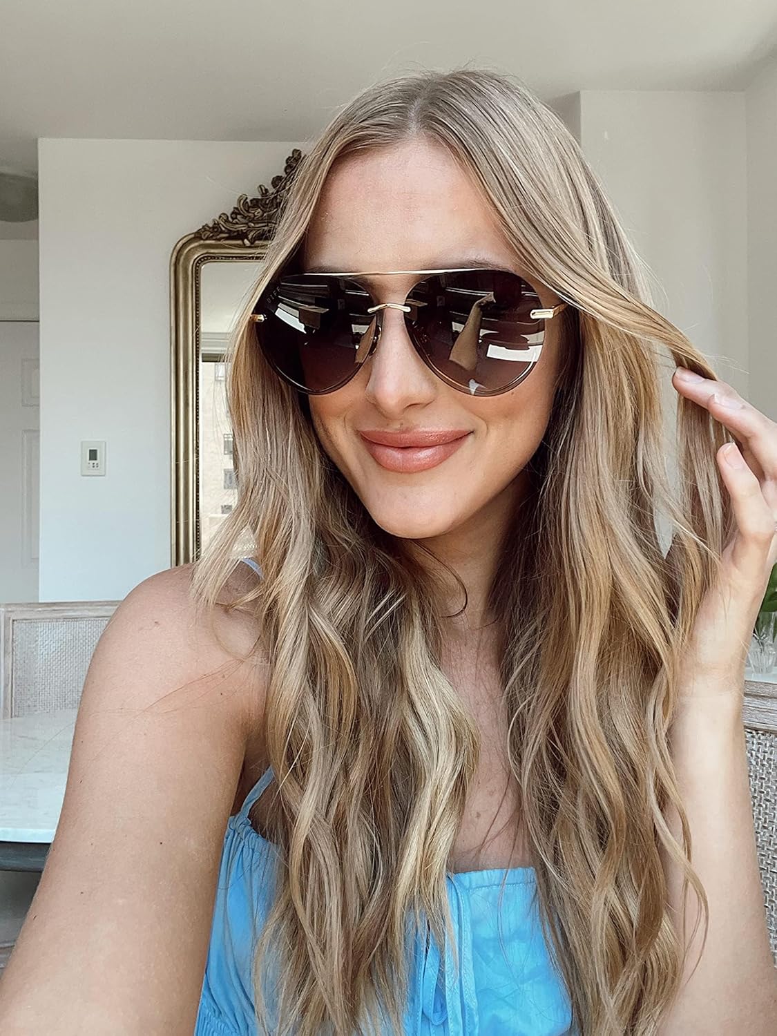 DIFF Lenox Oversized Aviator Sunglasses for Women UV400 Protection, Designer Lightweight Gold Stainless Steel Frames