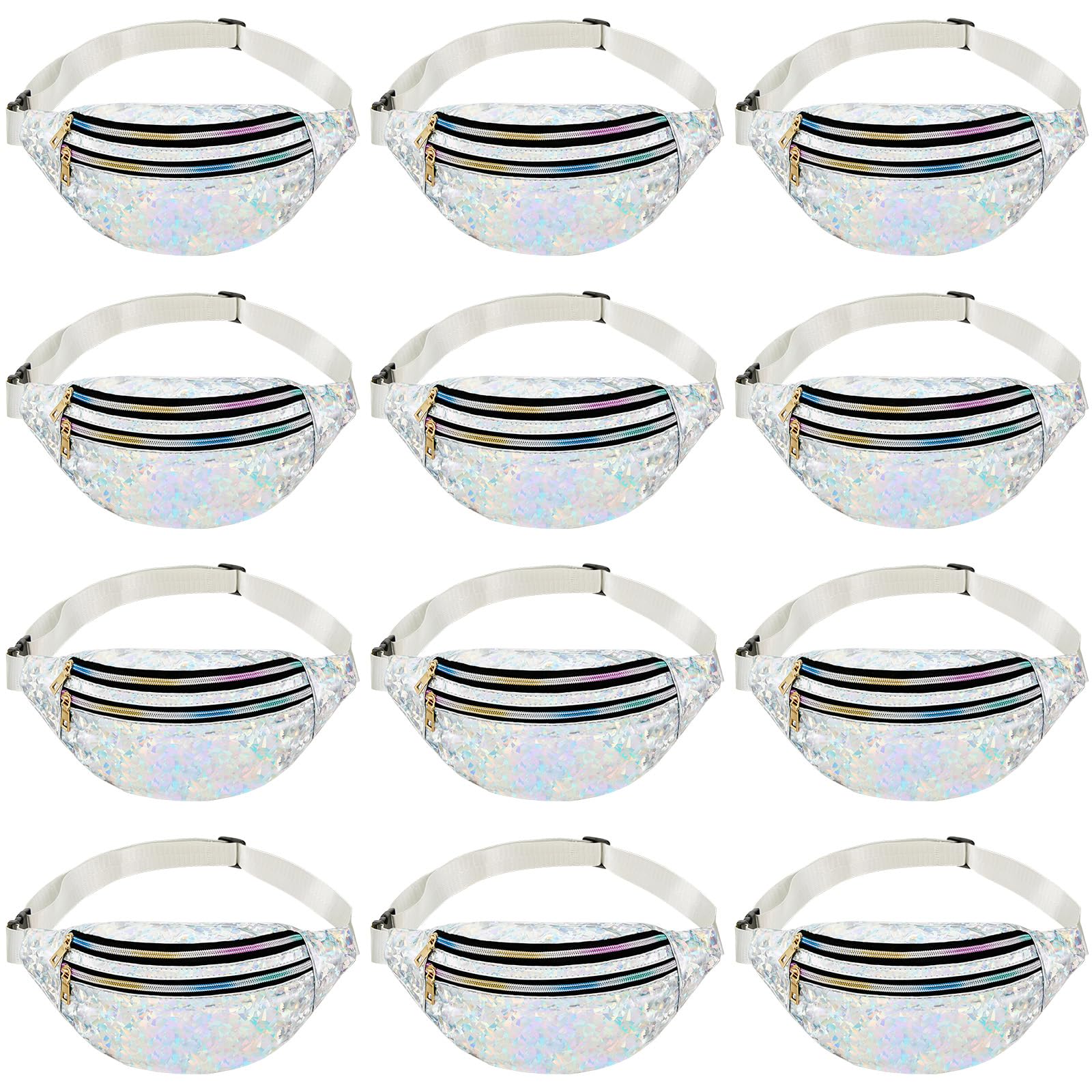 Dunzy 12 pcs Bachelorette Fanny Pack Bride Bridesmaid Holographic Waist Bag Waterproof Fanny Pack for Bachelorette Wedding Party(Silver)
