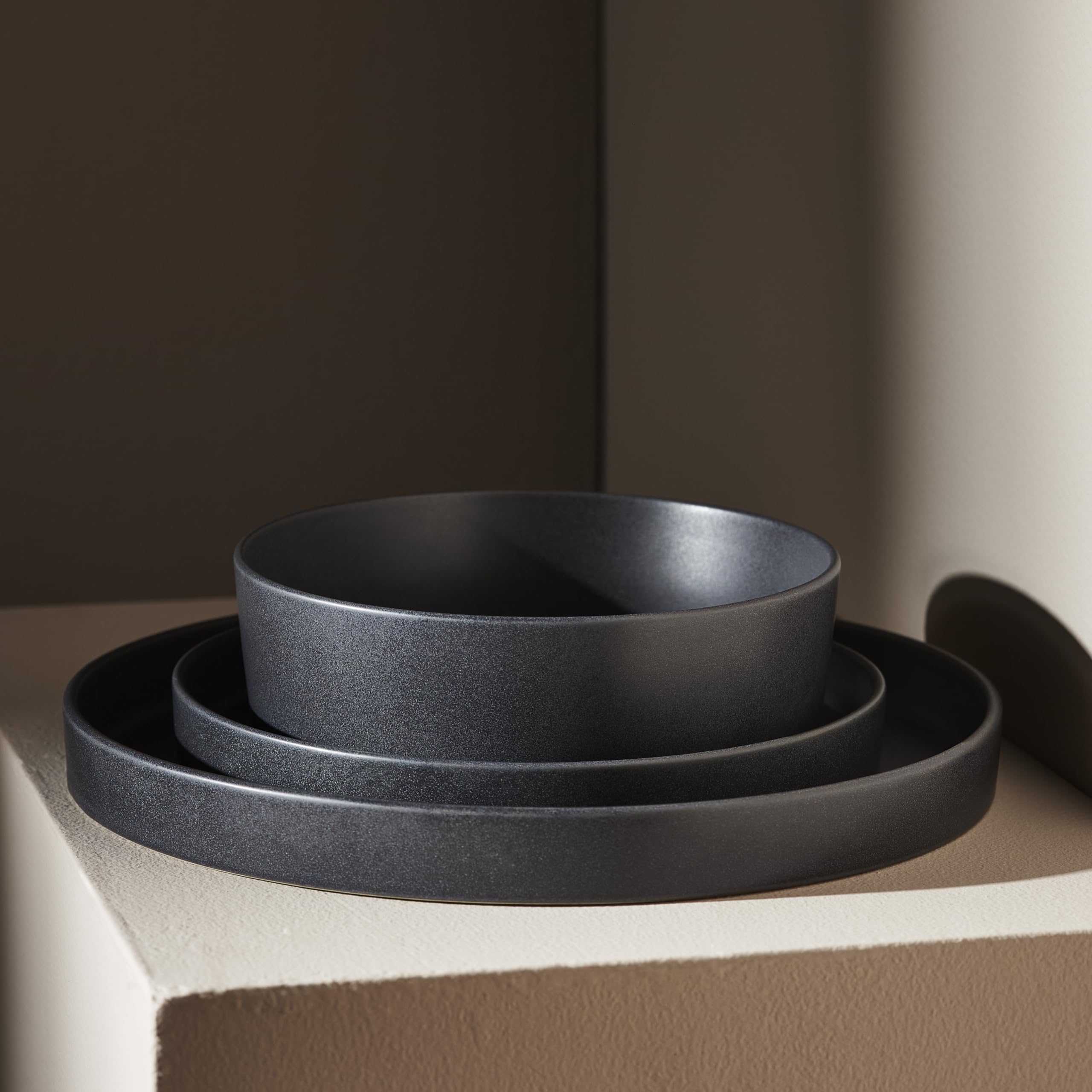 Stone by Mercer Project MODAN 12-Piece Stoneware Dinnerware Set, Plates and Bowls Sets, Dish Set for 4, Charcoal