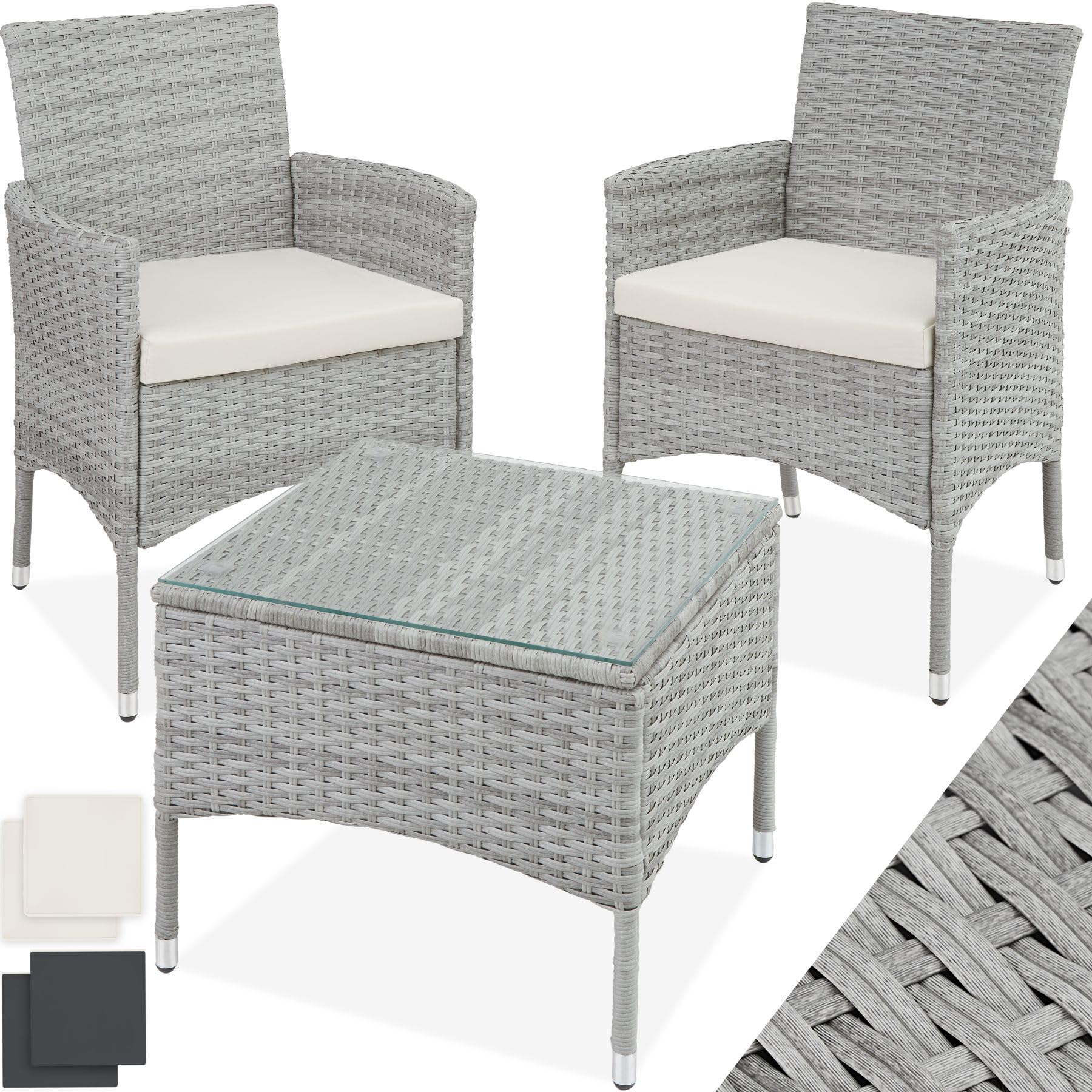 tectake® Conjunto Jardín Exterior de Ratán y Acero para 2 Personas, Muebles Jardín Exterior Resistentes a Intemperie, 2 Sillones y 1 Mesa Cristal, Fácil Montaje y Limpieza, Incl. 4 Fundas - gris claro