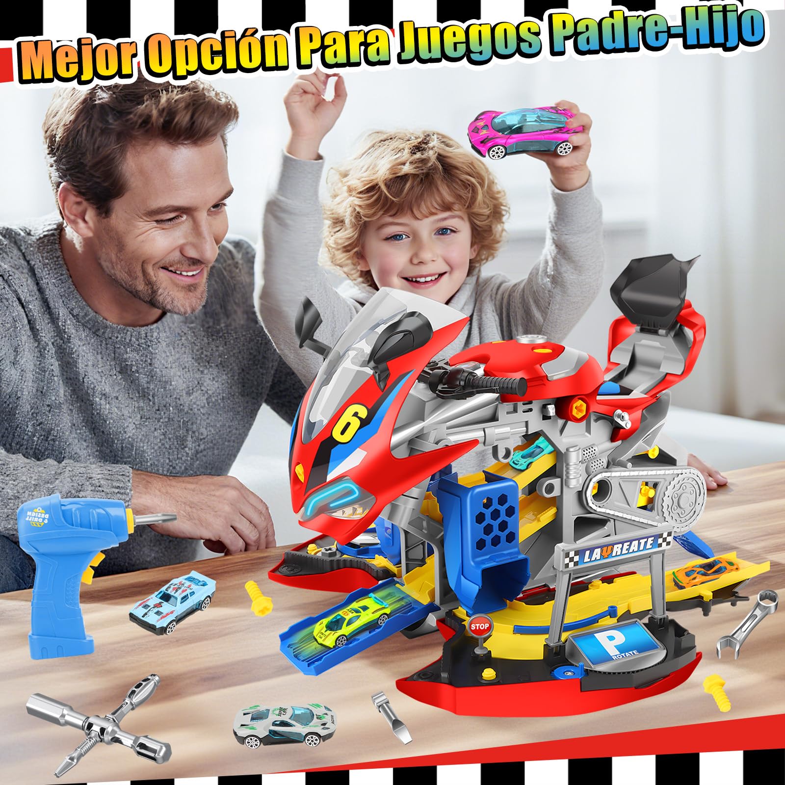 Moto Construir Niños, Moto de Construcción Con Luz y Sonido para 3-8 Años, Kit de Ensamblaje con Taladro Eléctrico y Pista, Regalo Ideal para Niños de 3 4 5 6 7 8 9 (Rojo)