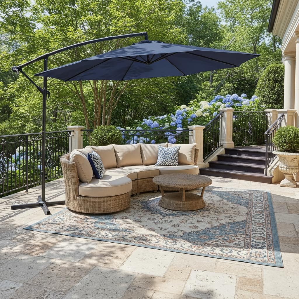 YU YUSING Parasol Déporté Inclinable 3x3M avec Manivelle, Pied Housse, Anti-UV UPF50+, Grand Parasol de Jardin Balcon Terrasse Patio, Inclinable, Imperméable, 8 Armatures Ultra-Résistantes