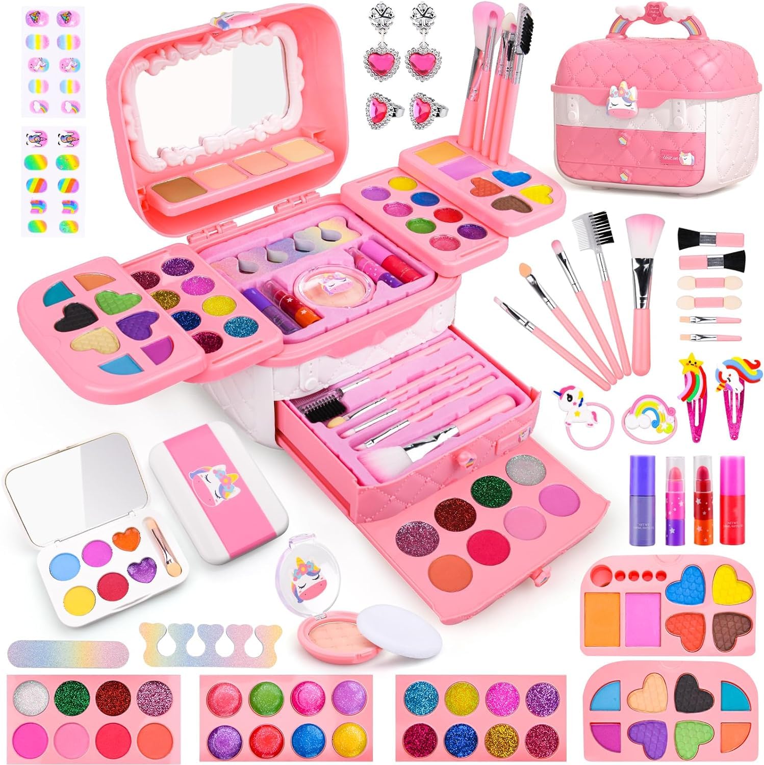 Auney 80 PCS Kids Makeup Kit for 3 4 5 6 7 8 Years Old, Unicorn Girls Toy for Little Girls Birthday, Princess Toys Dress Up Toy for Performance Dance Show Role Play Party