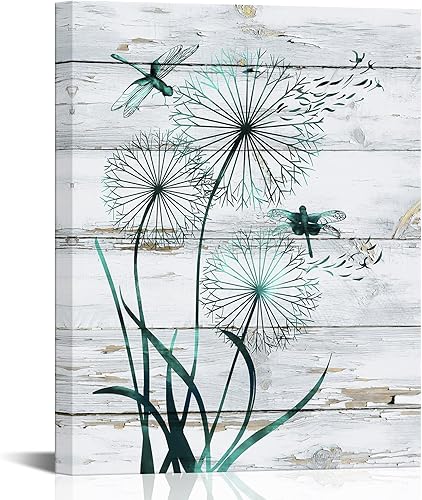 Visual Art Decor Lienzo rústico de libélula verde azulado con dientes de león para pared, decoración de pared de granja, sala de estar, dormitorio,