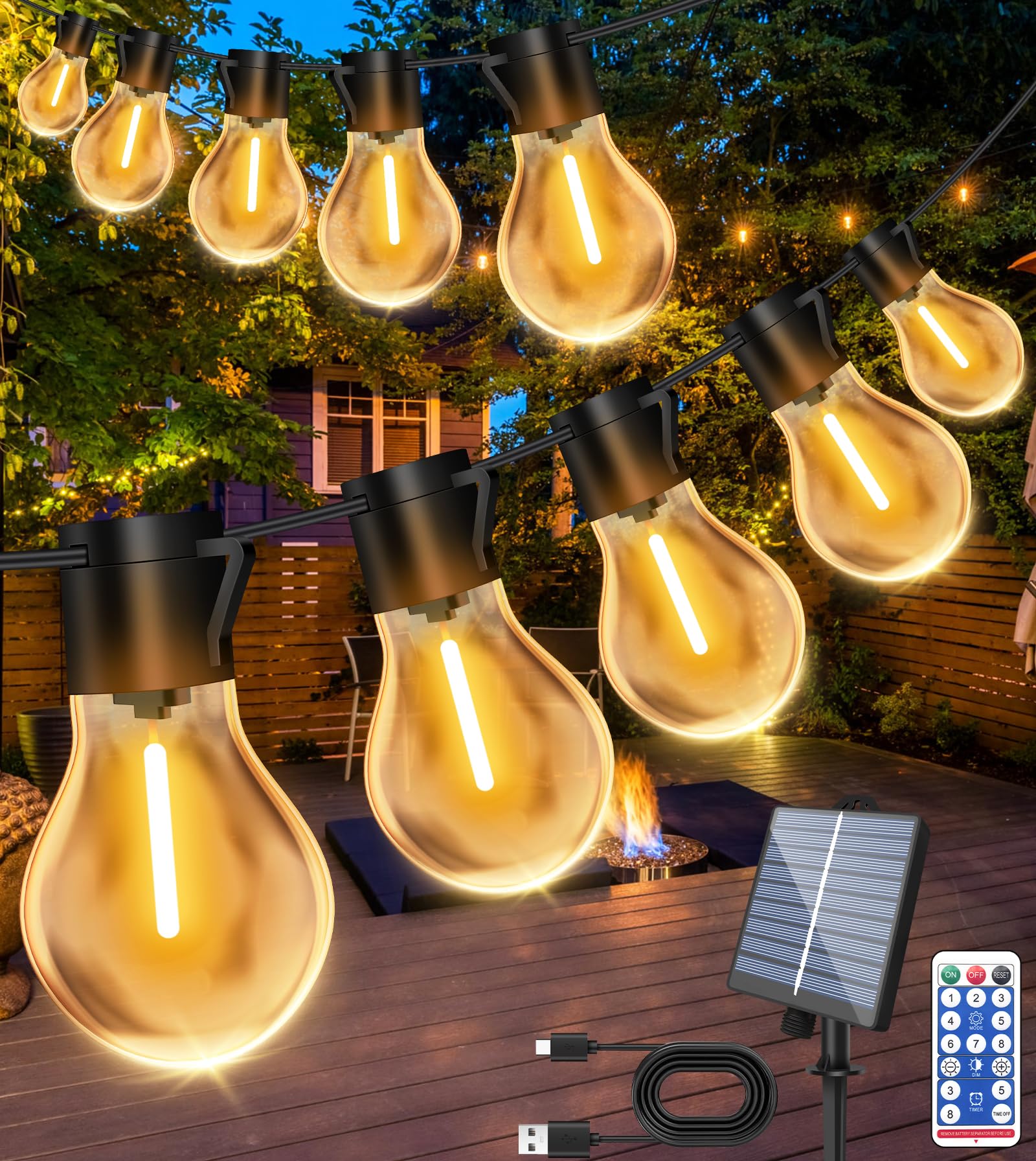 Solar Festoon Lights Outdoor, 15M/50FT Solar String Lights Outdoor Garden, 20 Shatterproof Bulb Light with USB Port & Remote Control IP65 Waterproof Outside Garden Lights for Party,Backyard,Patio