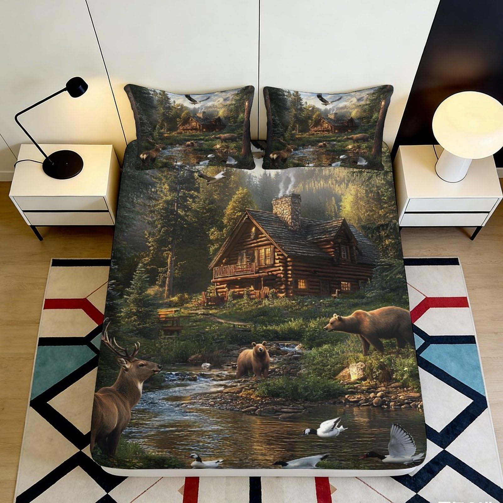 3D Printed Forest Cabin Fitted Sheet Microfiber Soft Breathable Wildlife Bed Cover for Bedroom Dormitory Guest Room Mattress Protection Decoration 180x200x25cm